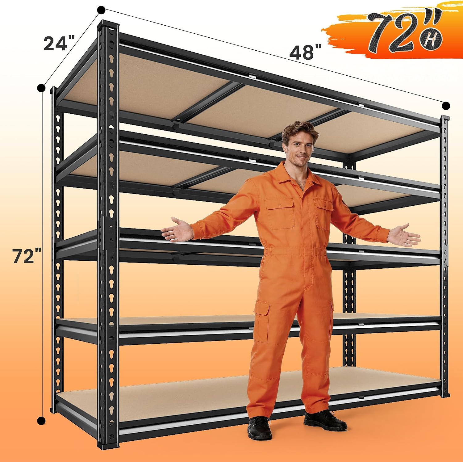 REIBII 48' W Garage Shelving 3080LBS Storage Shelves 5 Tier Heavy Duty Shelving Adjustable Garage Shelves for Basement, Warehouse, Commercial, Easy Assemble, 48' W x 72' H x 24' D, 2PC