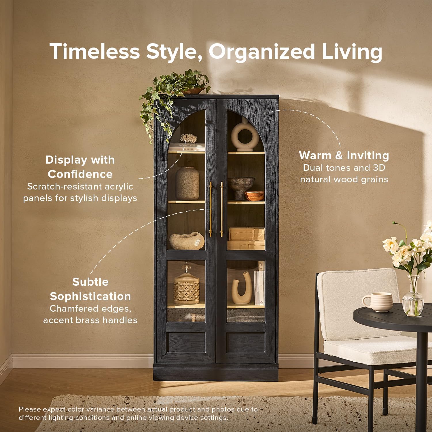mopio Blake Tall Display Cabinet, Kitchen Buffet Pantry Cupboard, Trophy Display Case, Storage Cabinet Scratch Resistant Acrylic, Modern Farmhouse Curio Organizer (Black Oak Arched, Single)