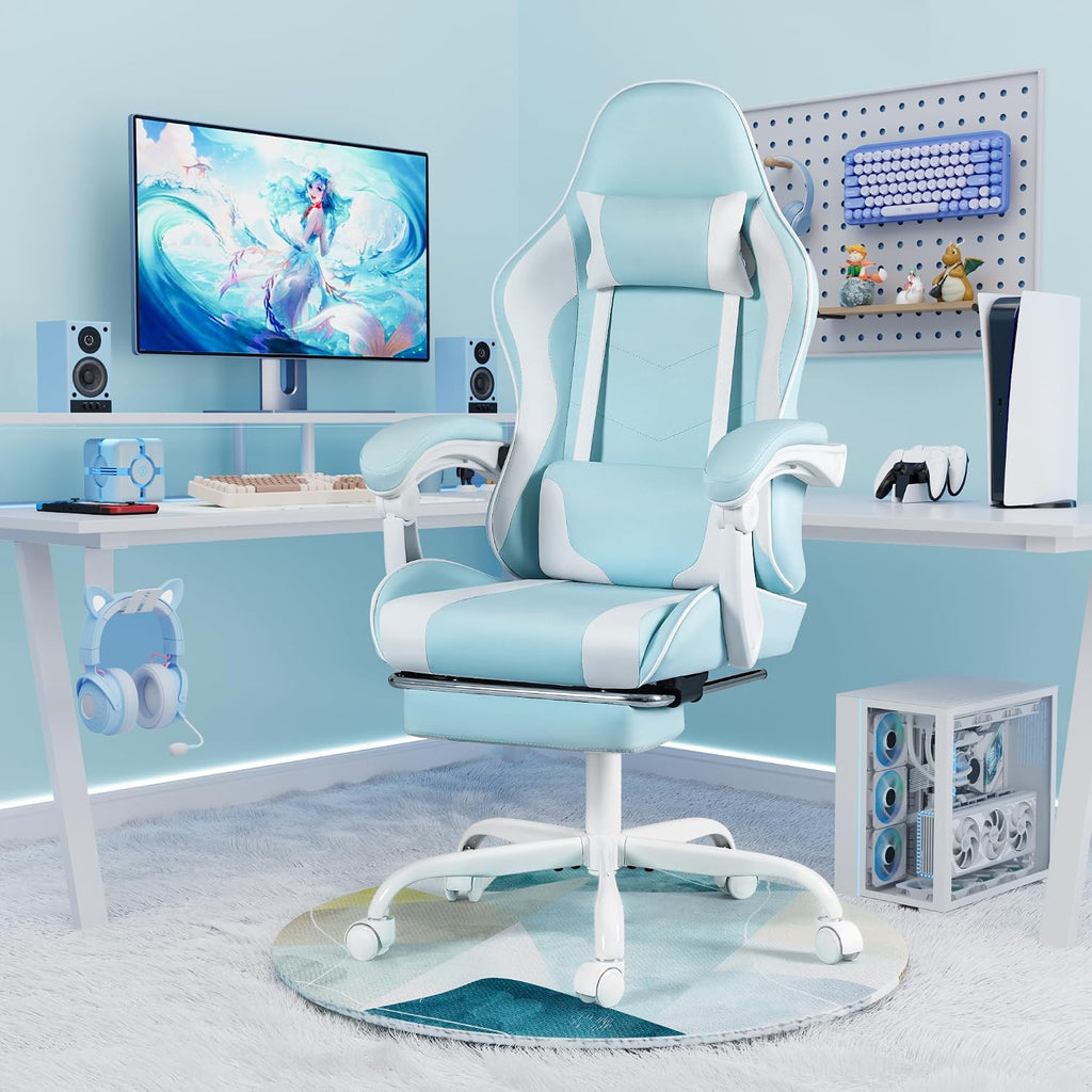 Homall Gaming Chair, Video Game Chair with Footrest and Massage Lumbar Support, Ergonomic Computer Chair Height Adjustable with Swivel Seat and Headrest (Light Blue)