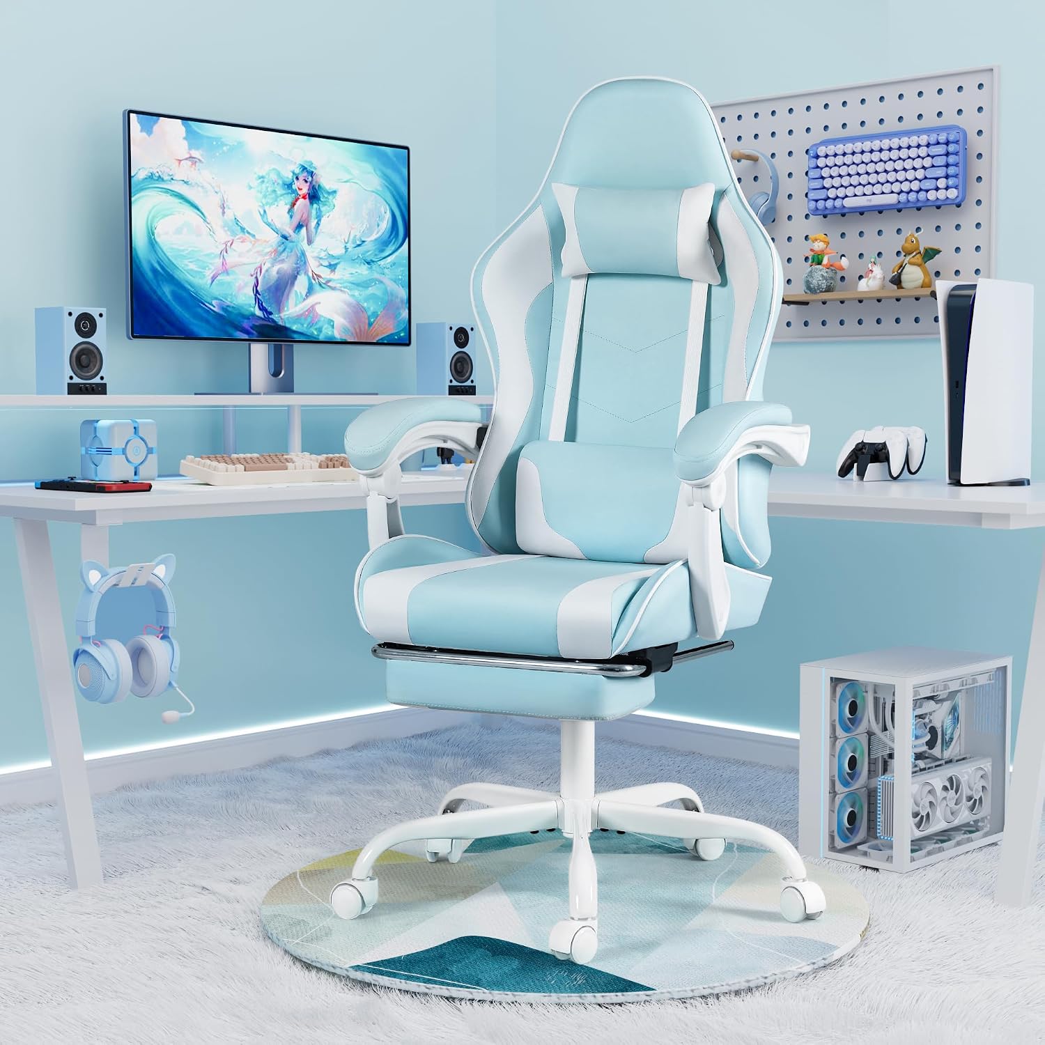 Homall Gaming Chair, Video Game Chair with Footrest and Massage Lumbar Support, Ergonomic Computer Chair Height Adjustable with Swivel Seat and Headrest (Light Blue)