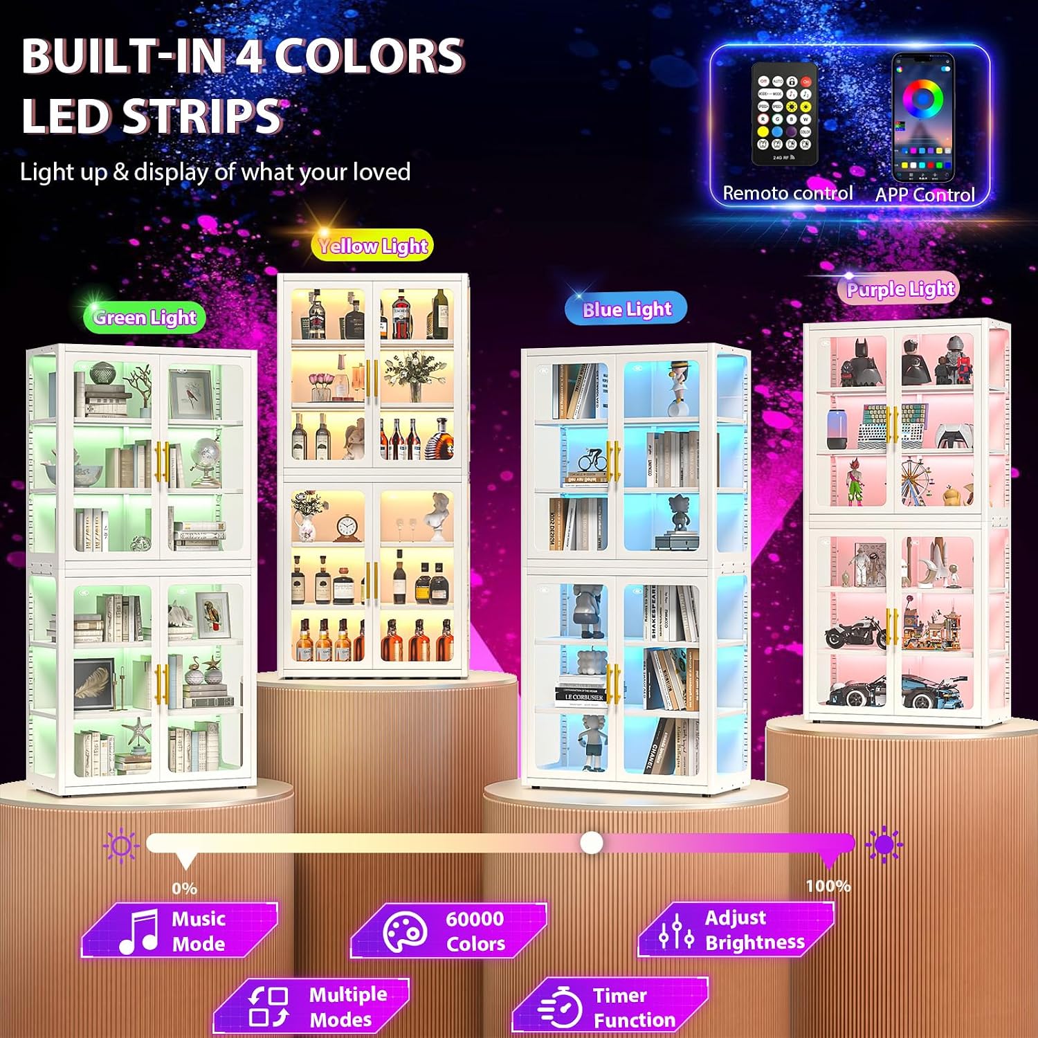 GAIOUS 67' Tall Display Cabinet with Glass Door, 6 Tier Metal Curio Cabinet with 3 Color Lights and 4 Adjustable Shelves, Glass Display Case for Collectibles, Showcase Storage Cabinets, White