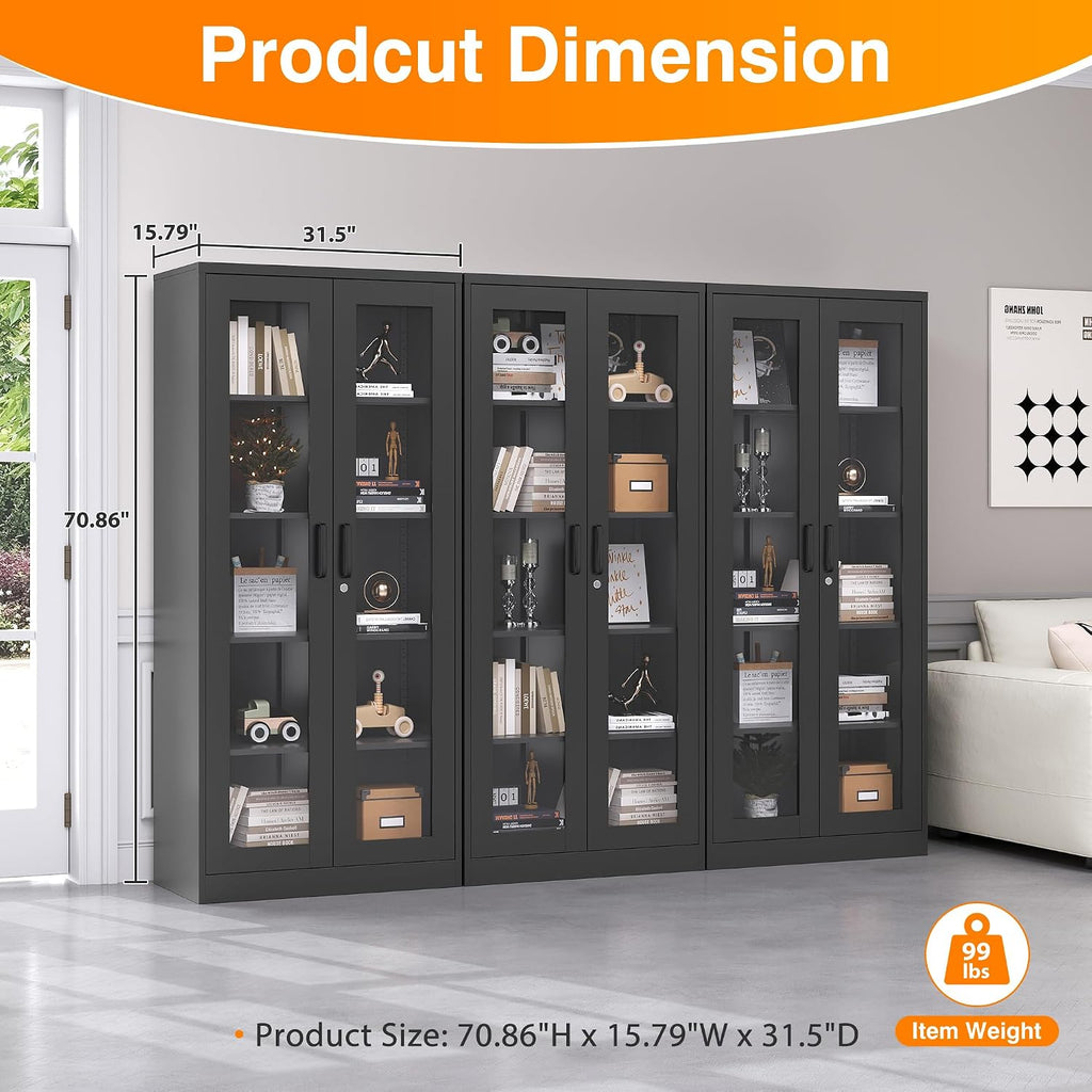 Glass Display Cabinet with 4 Adjustable Shelves, 71' Tall Curio Cabine with Tempered Glass Door, Liquor Cabinet with Lock, 5-Tier Bookcase Storage Cabinet for Home, Study, Living Room (Black)