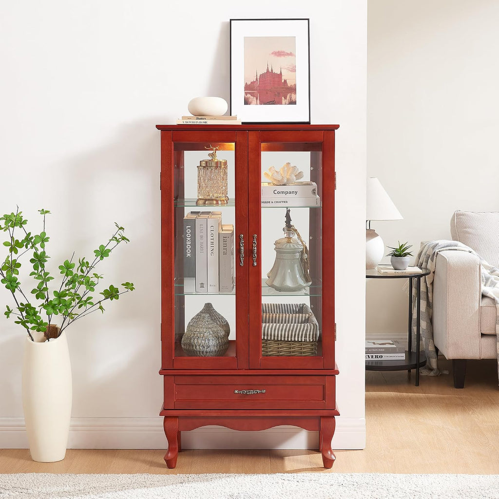 49' H Lighted Curio Cabinet Display Case, Glass Curio Cabinet with Adjustable Shelves,Tempered Glass Door and Drawer, Wooden Cabinets w/Mirrored Back Pane for Living Room (Cherry)