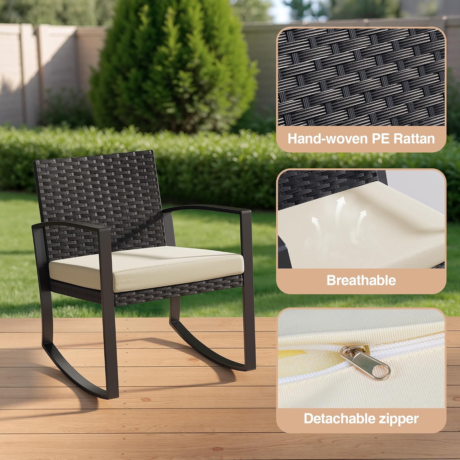 Qsun 3 Pieces Porch Furniture Set Patio Rocking Bistro Set Outdoor Patio Chairs Rattan Conversation Sets with Coffee Table for Front Porch Garden Balcony Backyard Poolside (Beige Cushion)