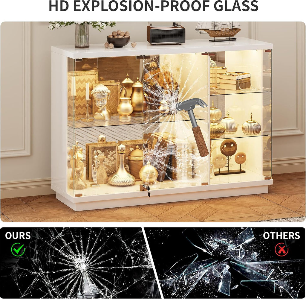 HNEBC Lockable Display Curio Cabinet with Glass Door,47.2' W Glass Display Cabinet with 3 Color Lights for Collectibles,5-Tier Lighted Display Case with Human Sensor,Living Room,White
