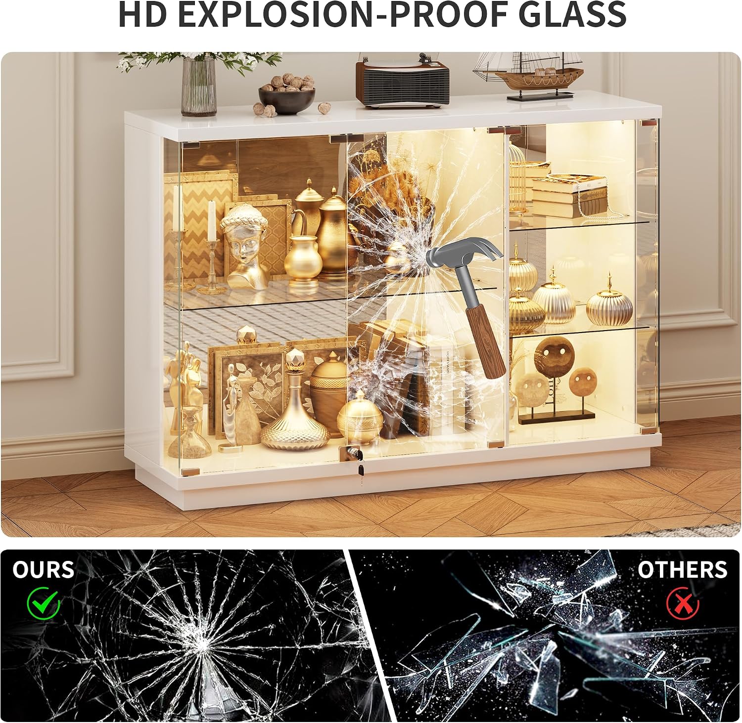 HNEBC Lockable Display Curio Cabinet with Glass Door,47.2' W Glass Display Cabinet with 3 Color Lights for Collectibles,5-Tier Lighted Display Case with Human Sensor,Living Room,White