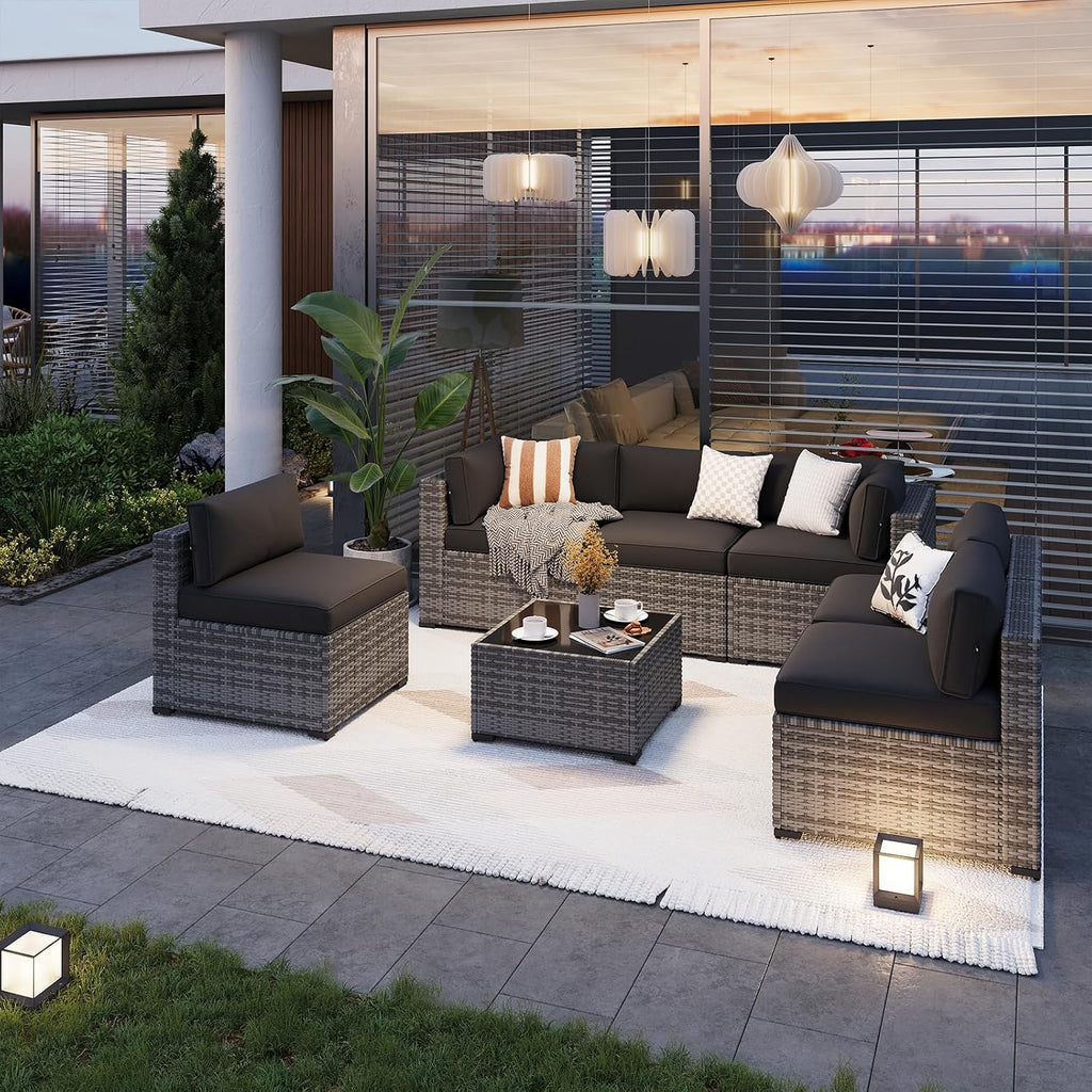 Aoxun Patio Furniture Sets, 7-Piece Outdoor Patio Furniture with Thick Cushions, Wicker Outdoor Conversation Set Sectional Sofa for Backyard, Poolside, Garden (Black-Grey, 7 x 25.6 - Seats)