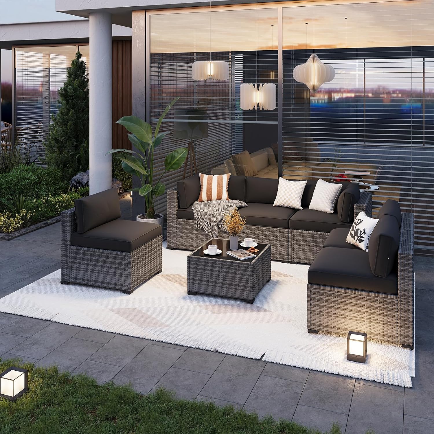 Aoxun Patio Furniture Sets, 7-Piece Outdoor Patio Furniture with Thick Cushions, Wicker Outdoor Conversation Set Sectional Sofa for Backyard, Poolside, Garden (Black-Grey, 7 x 25.6 - Seats)