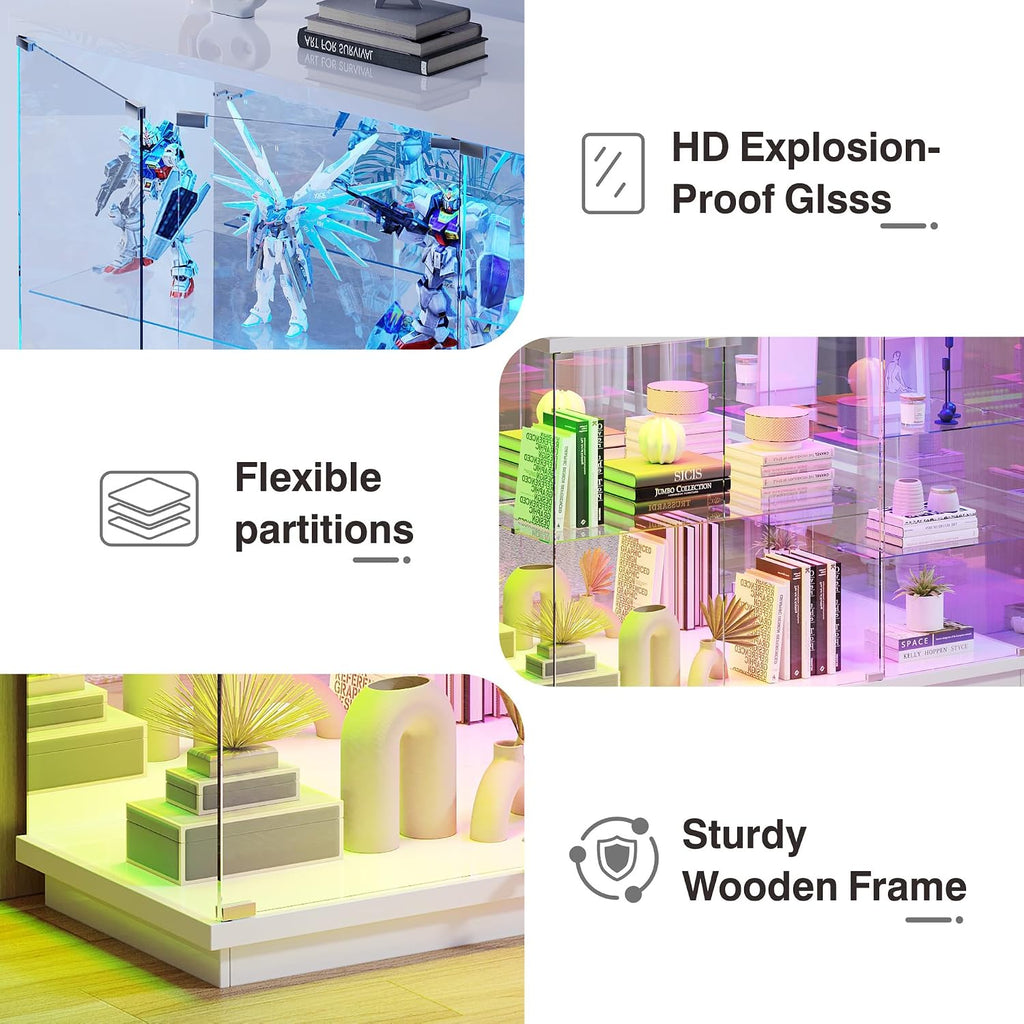 Lvifur RGB High Gloss Display Cabinet - with Lock, Curio Cabinet with Human Body Sensor & Glass Shelves for Toys, Books, Collectibles, Liquor, Bookcase for Living Room, Kitchen, Study, White