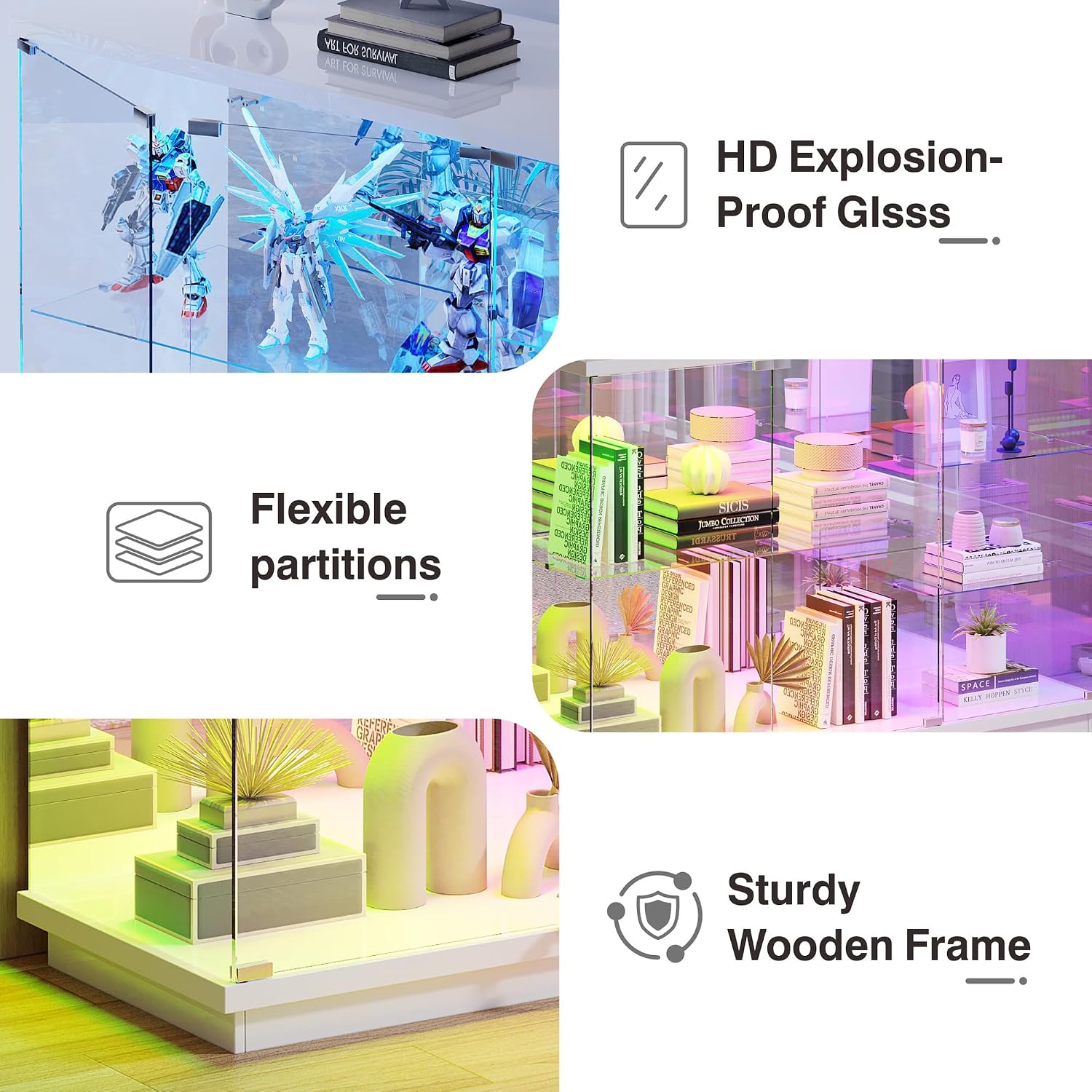 Lvifur RGB High Gloss Display Cabinet - with Lock, Curio Cabinet with Human Body Sensor & Glass Shelves for Toys, Books, Collectibles, Liquor, Bookcase for Living Room, Kitchen, Study, White