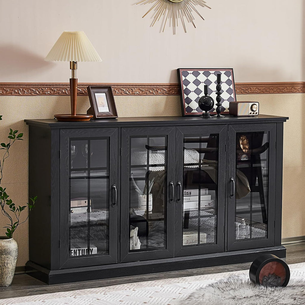 AMERLIFE 63' Sideboard, 6 Adjustable Shelves Sideboard Buffet Cabinet with 4 Doors, Accent Storage Credenzas for Dining Room, Living Room, Classic Black