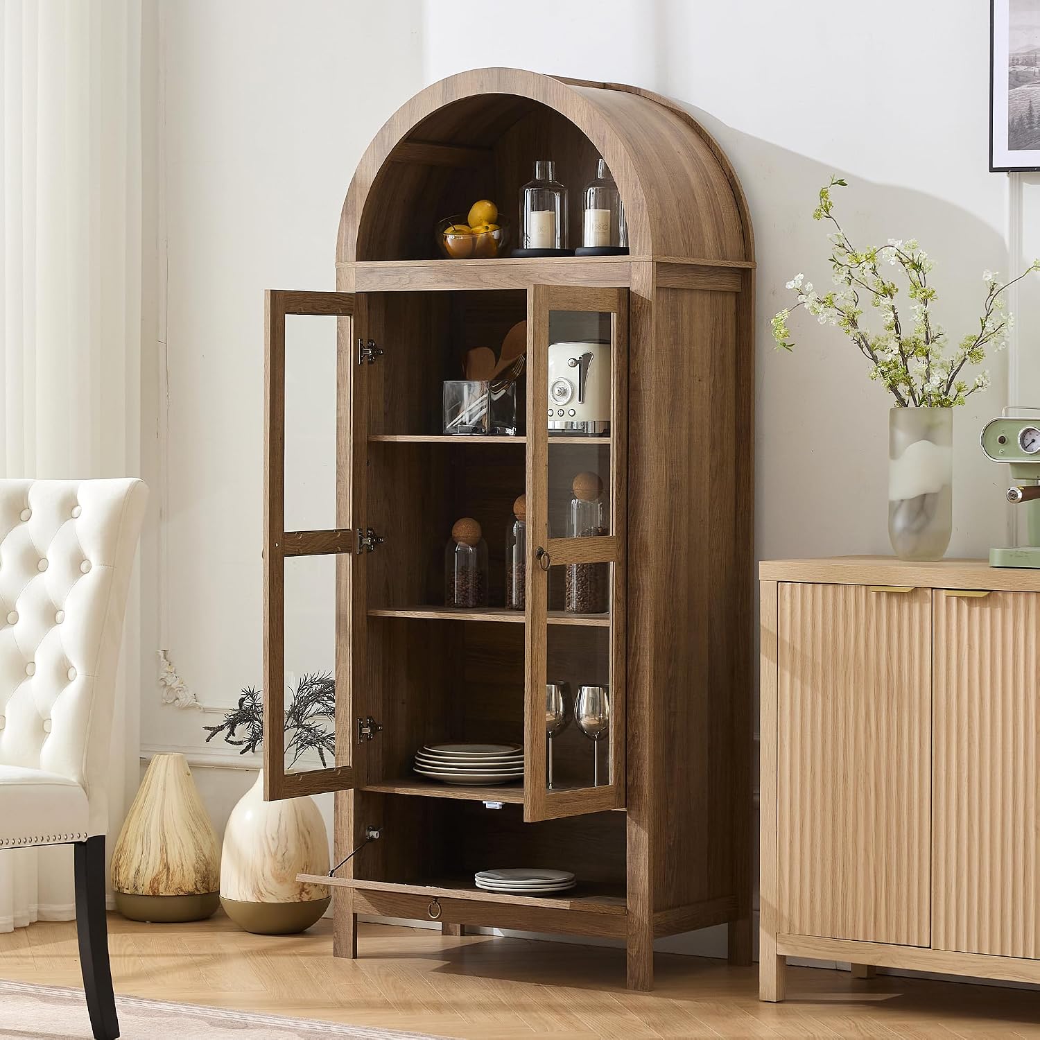 TYBOATLE 71' Tall Arched Pantry Cabinet with Innovative Drawer, Kitchen Cabinet with Anti-Tipping Device and Glass Door, Versatile Cupboard for Kitchen, Dining, Natrual