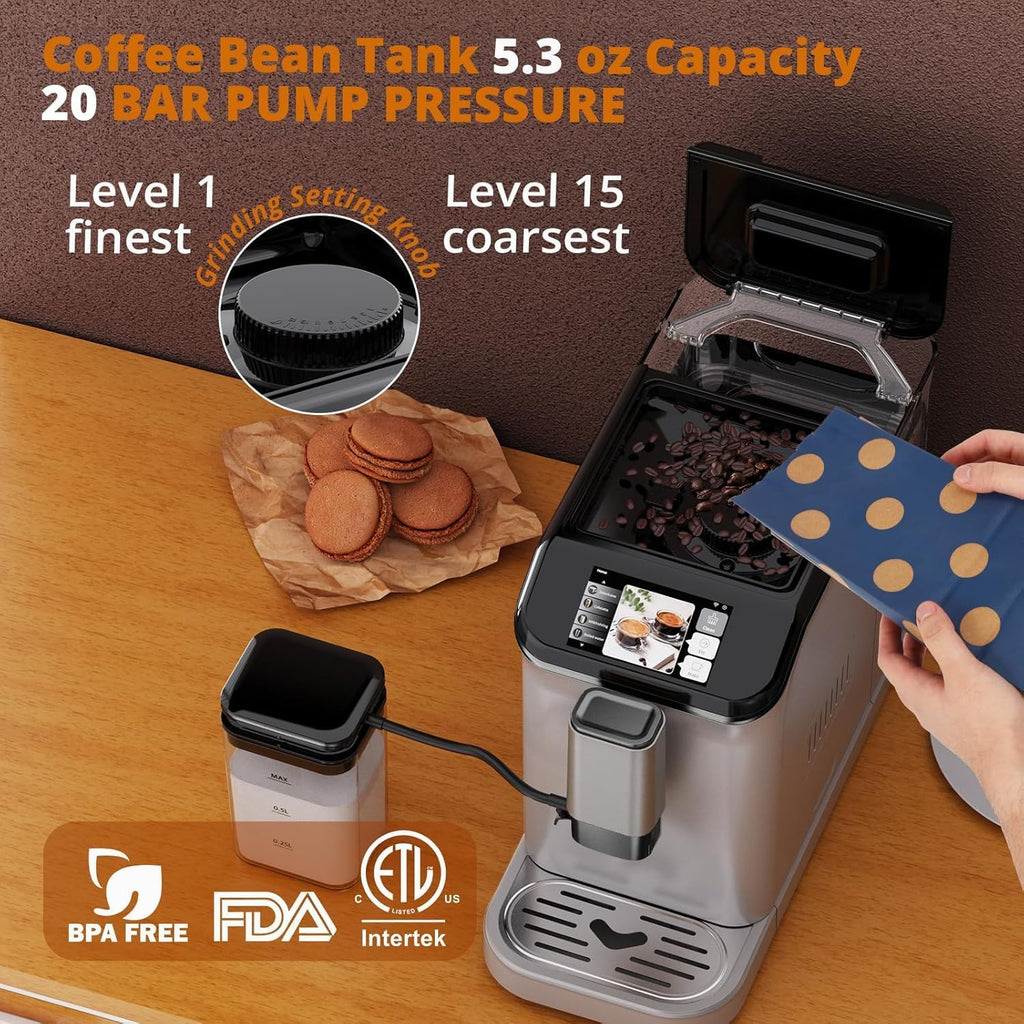 Fully Automatic Espresso Coffee Machine with Milk Frother, 20 Bar Pressure, 15 Adjustable Grind Levels, TFT Touchscreen, 8-In-1 Cappuccino Latte Maker, Removable Water Tank