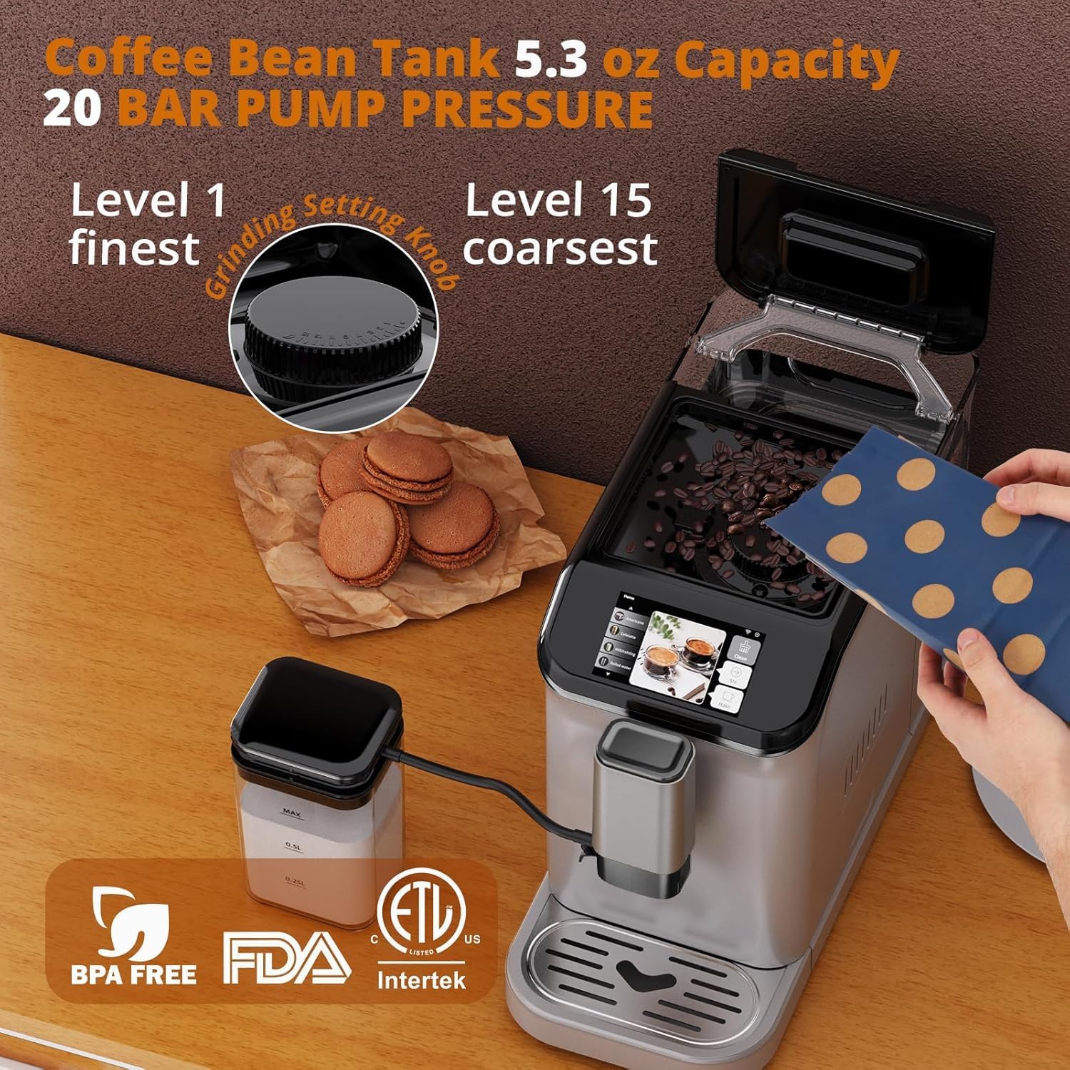 Fully Automatic Espresso Coffee Machine with Milk Frother, 20 Bar Pressure, 15 Adjustable Grind Levels, TFT Touchscreen, 8-In-1 Cappuccino Latte Maker, Removable Water Tank