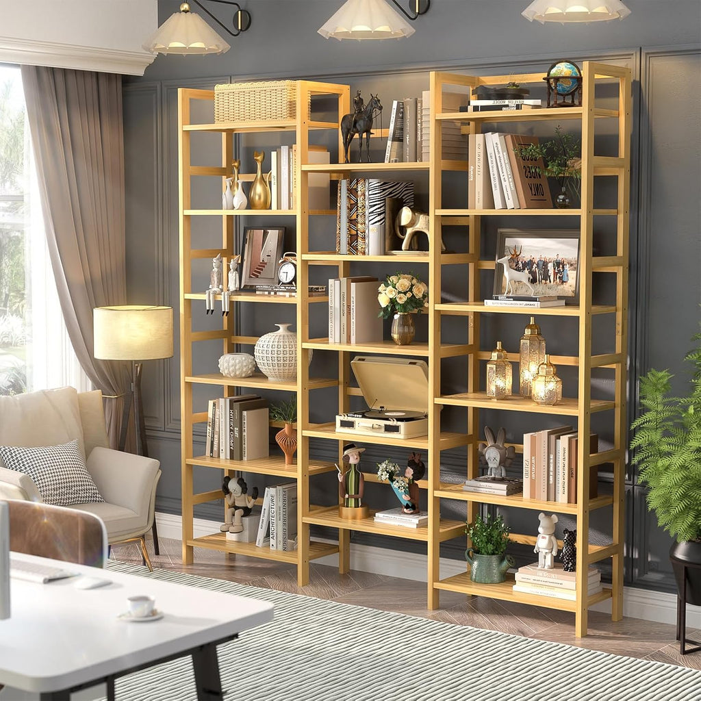 Homykic Bamboo Bookshelf, 71' Tall Triple Wide Bookcase with 17 Open Storage Shelves, 6-Tier Etagere with Back Rails, Large Display Shelf for Books, Plants, Home Office, Living Room, Max Load 748LBS
