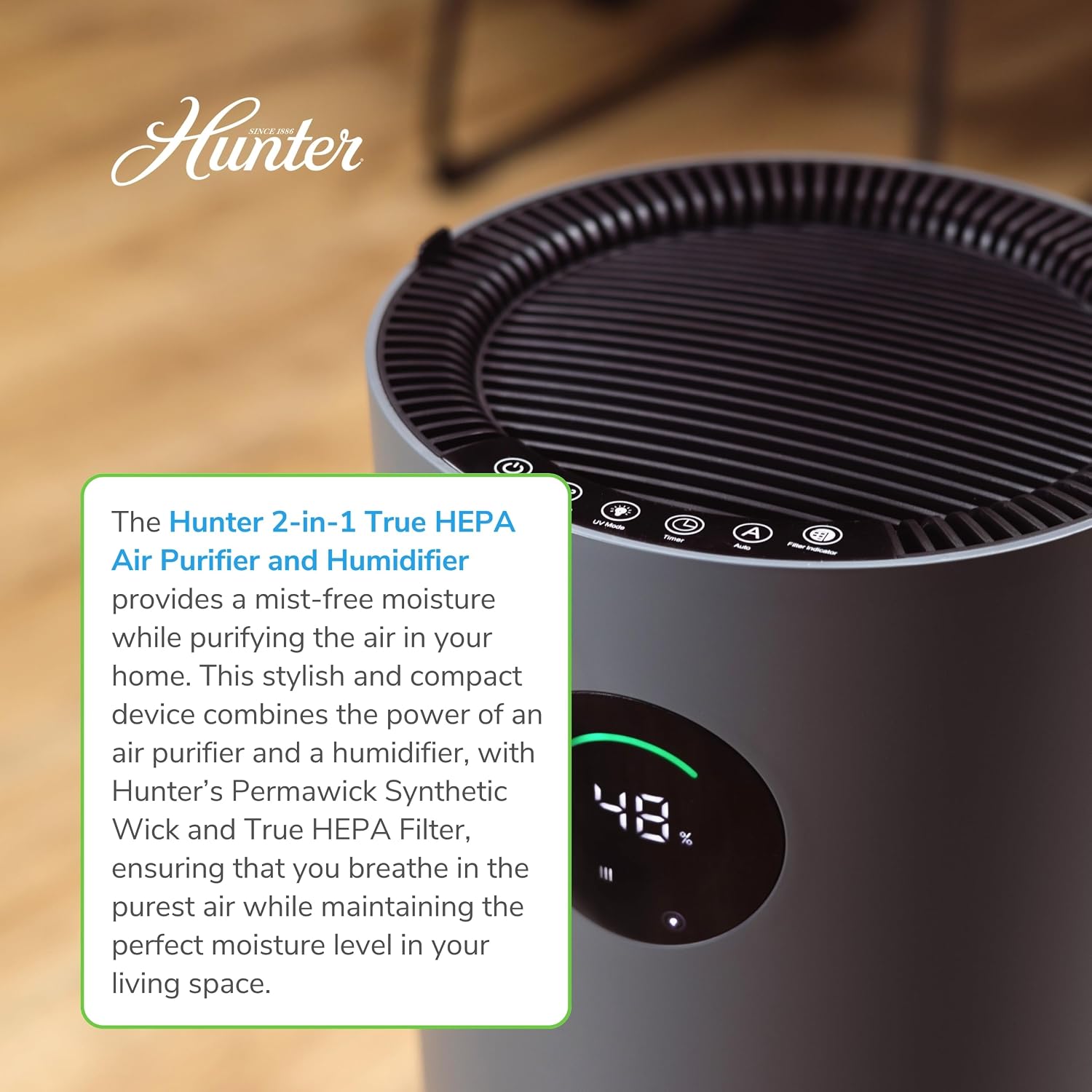 Hunter Fan Company Humidifier and Air Purifier In One, Advanced Filtration Air Purifiers for Home, Air Purifiers for Home Pets, Humidifiers for Bedroom and Humidifiers for Bedroom Baby, Grey/Silver