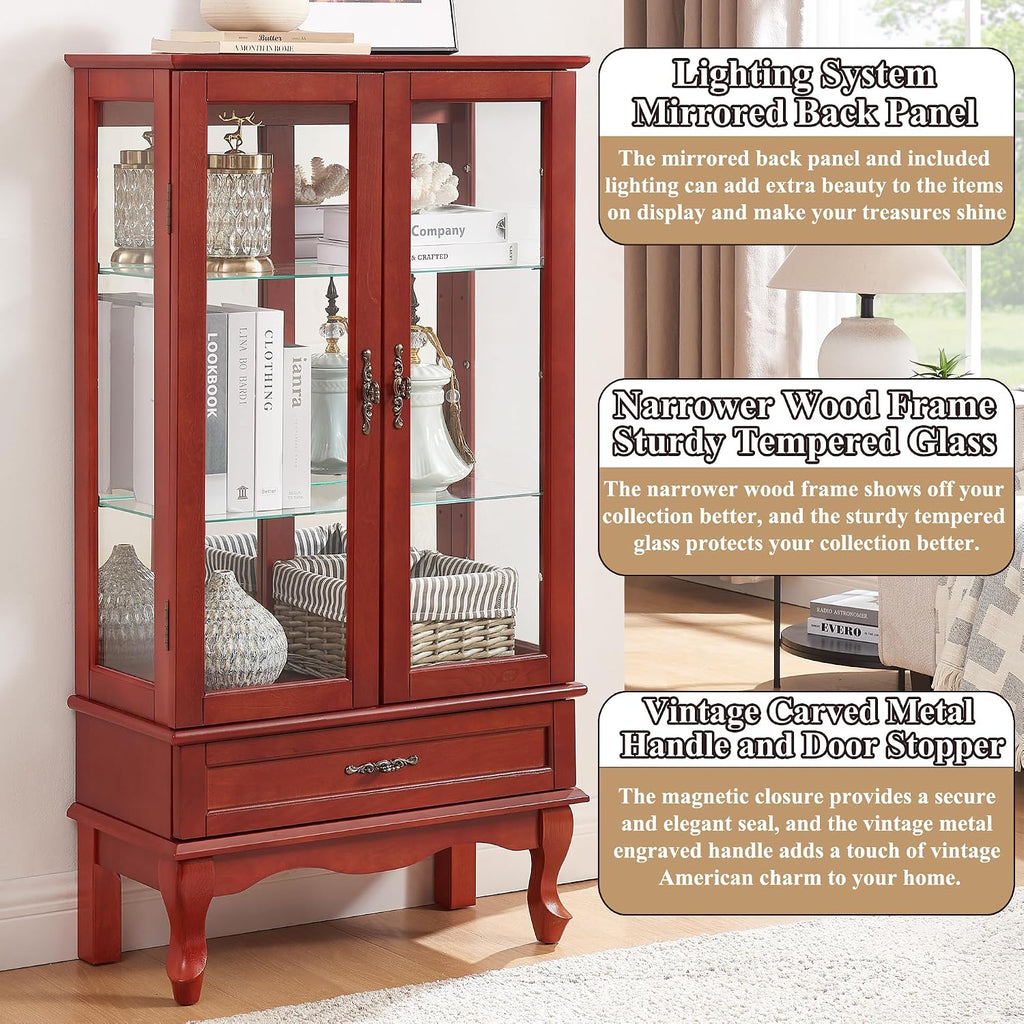 49' H Lighted Curio Cabinet Display Case, Glass Curio Cabinet with Adjustable Shelves,Tempered Glass Door and Drawer, Wooden Cabinets w/Mirrored Back Pane for Living Room (Cherry)