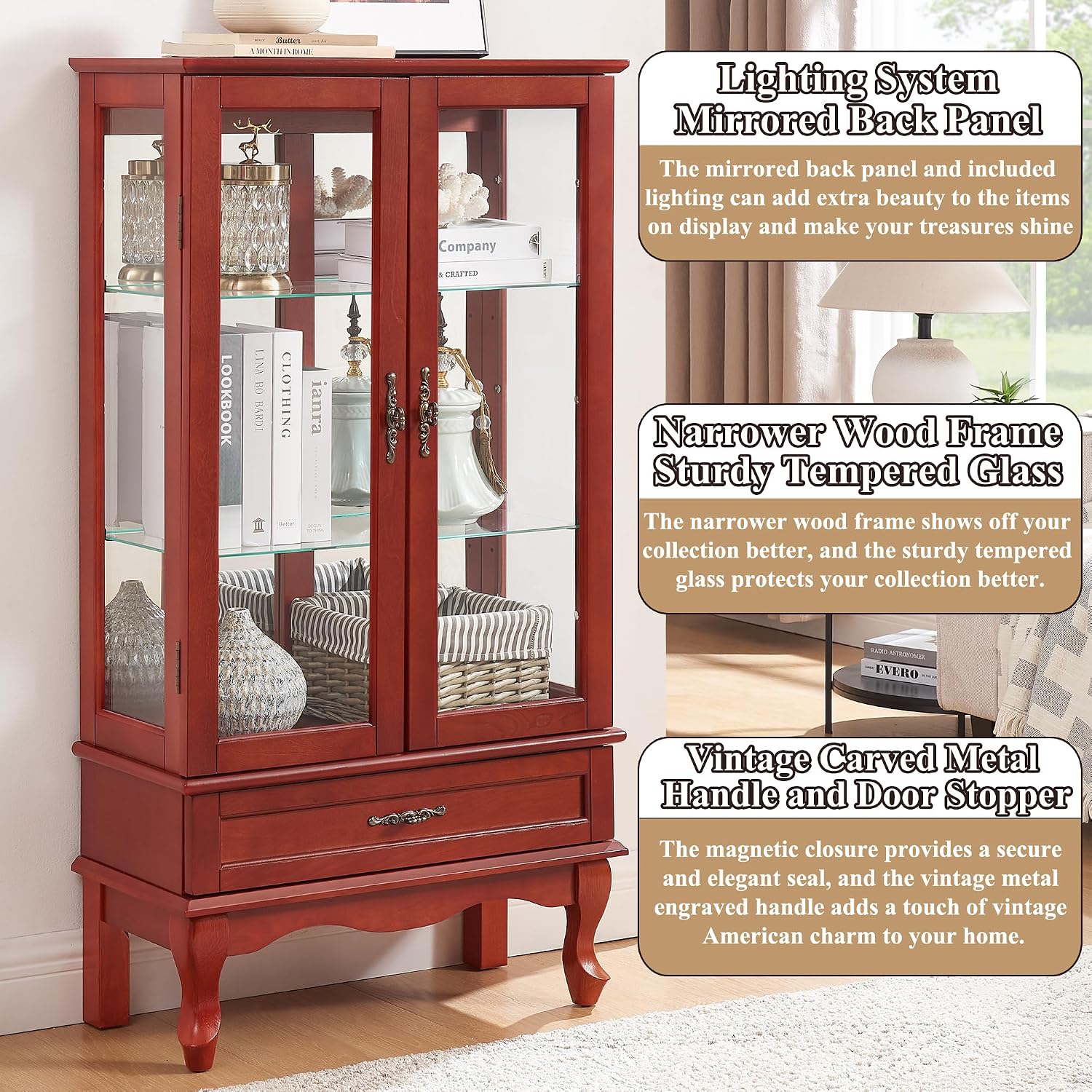 49' H Lighted Curio Cabinet Display Case, Glass Curio Cabinet with Adjustable Shelves,Tempered Glass Door and Drawer, Wooden Cabinets w/Mirrored Back Pane for Living Room (Cherry)