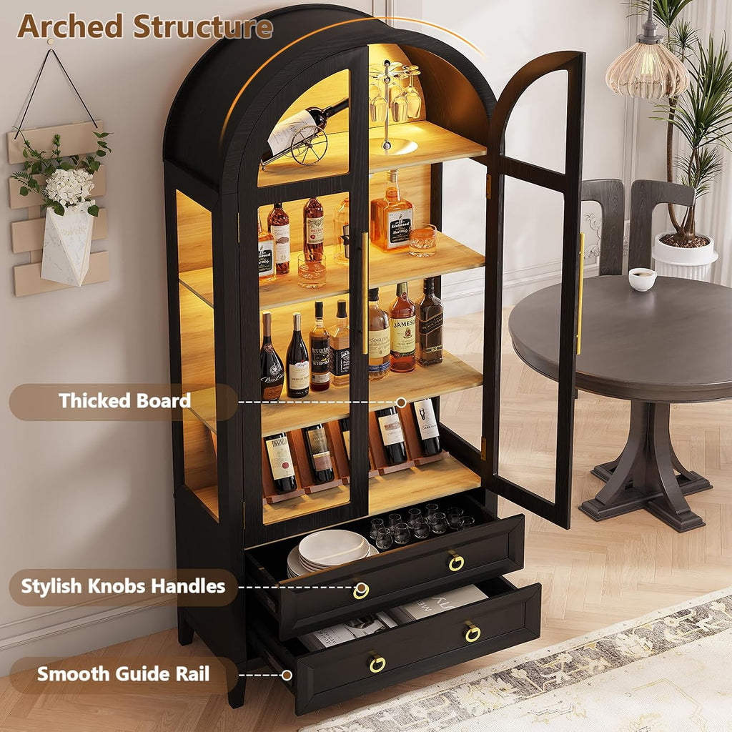 LVSOMT 71' Tall Arched Storage Cabinet with Glass Doors and Drawers, Curio Display Cabinet with Adjustable LED Light & Human Sensor, 4-Tier China Cabinet for Living Room(Black+Wood)