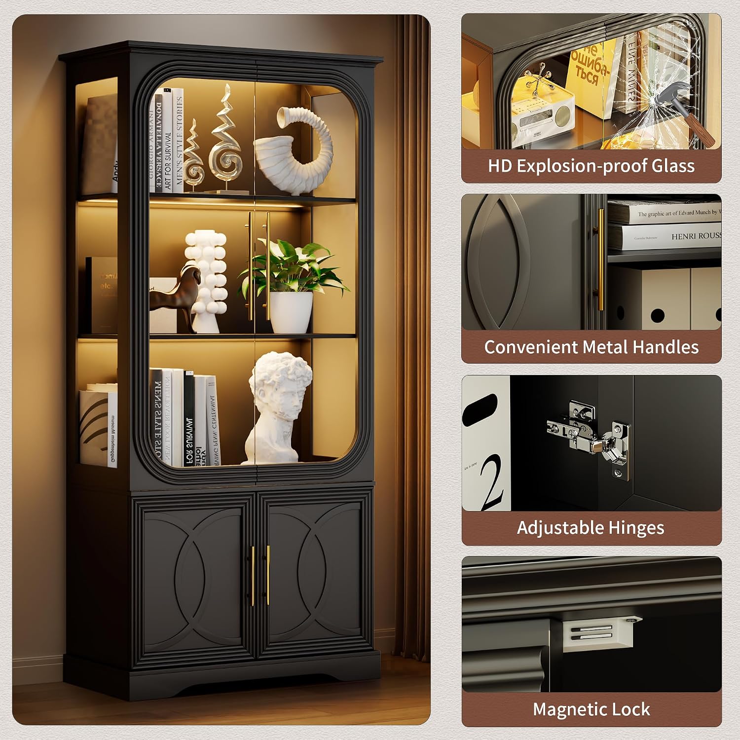 2pc Wood Display Cabinet with Glass Doors, 69' Tall Curio Cabinet with LED Lights, Glass Display Case with Storage and 3 Shelves for Living Room, (Black-2)