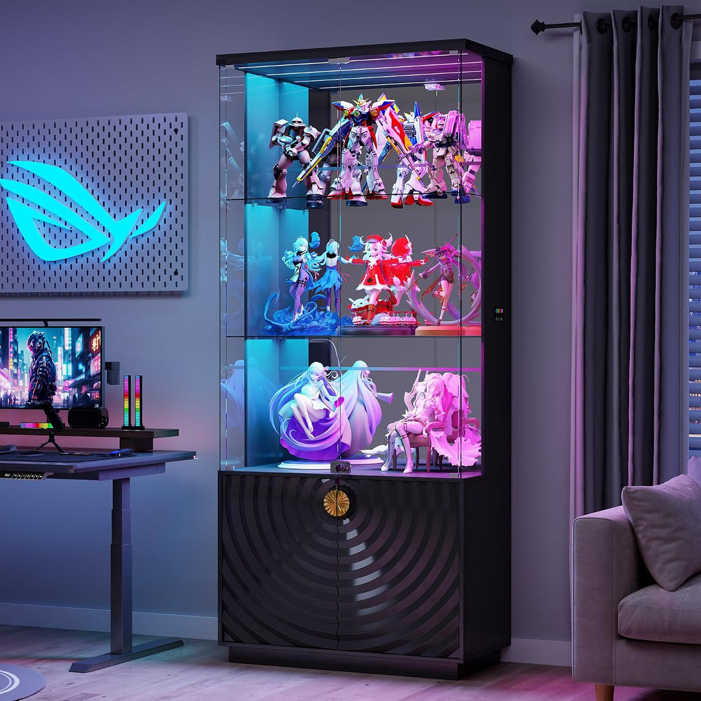 HNEBC Display Cabinet with Glass Doors - 71' High Gloss Curio Cabinet with Adjustable Glass Shelf, Lockable Display Cases with RBG Lights and Human Body Sensor for Collectibles, Black