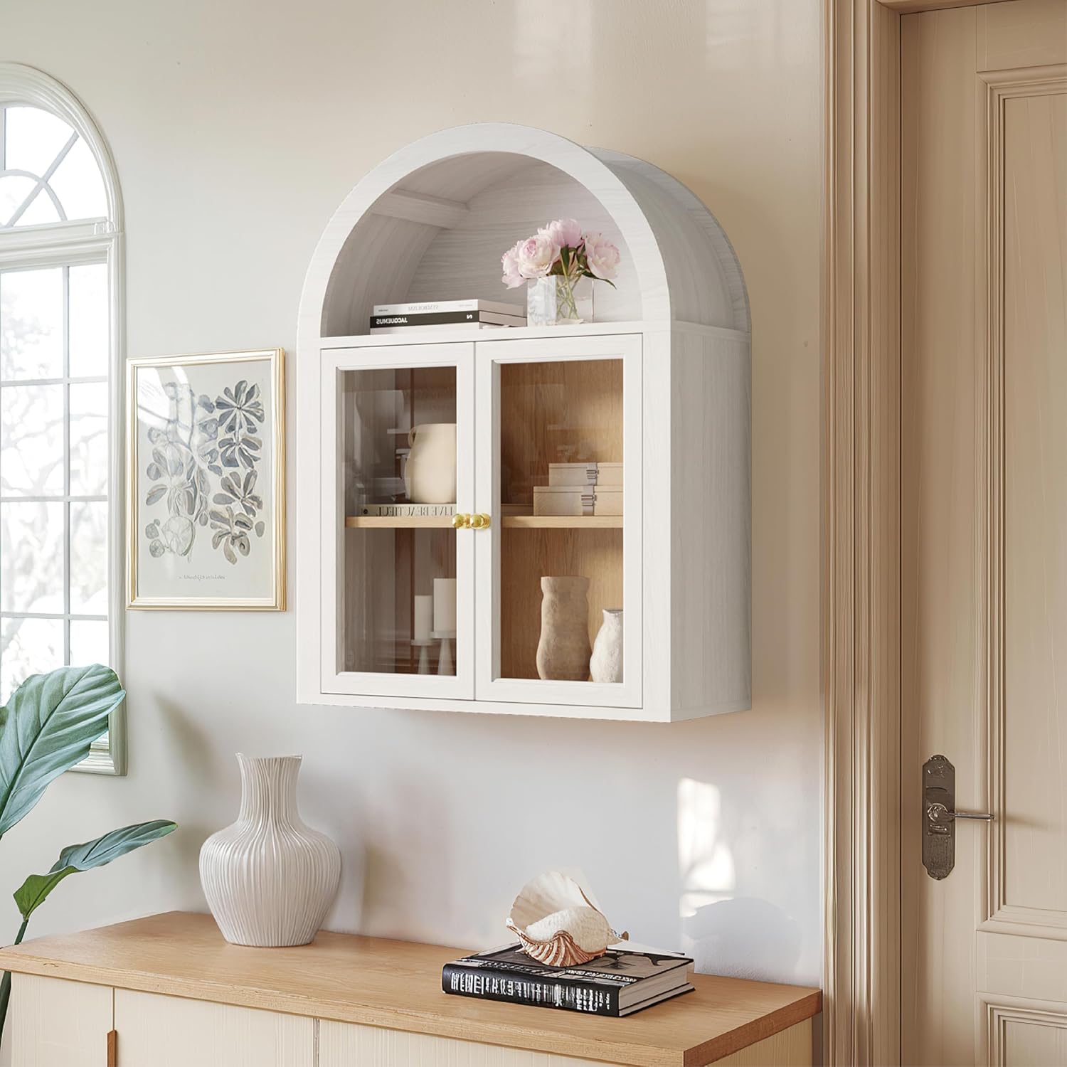 Furnaza Arched Wall Mounted Medicine Cabinets with Tempered Glass Doors,Bathroom Cabinet with Adjustable Shelf for Kitchen,Living Room
