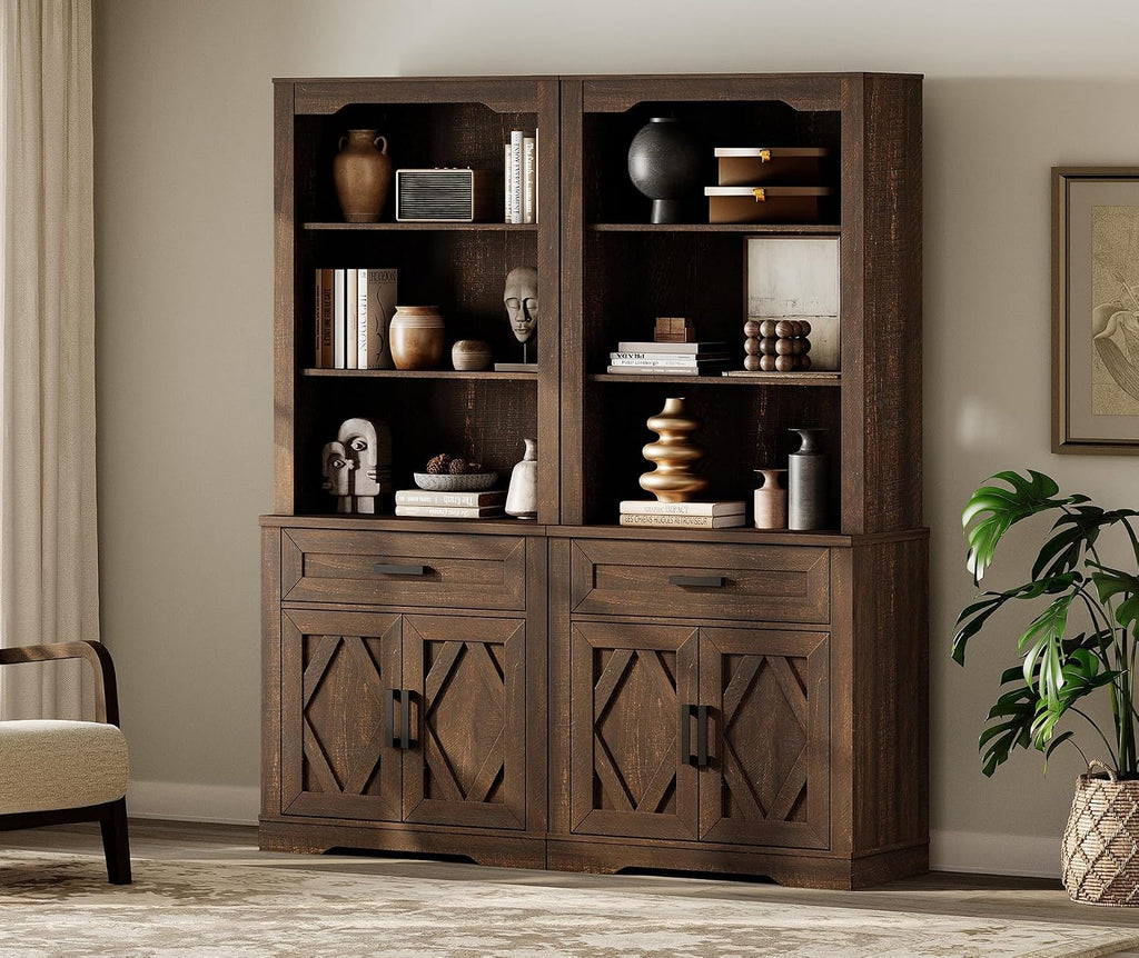 WAMPAT 5-Tier Bookcase with Barn Door Cabinets,73.3' Tall Standing Rustic Bookshelves,63' Wide Modern Farmhouse Display Storage Cabinet with Adjustable Shelves for Home,Office,Rustic Brown