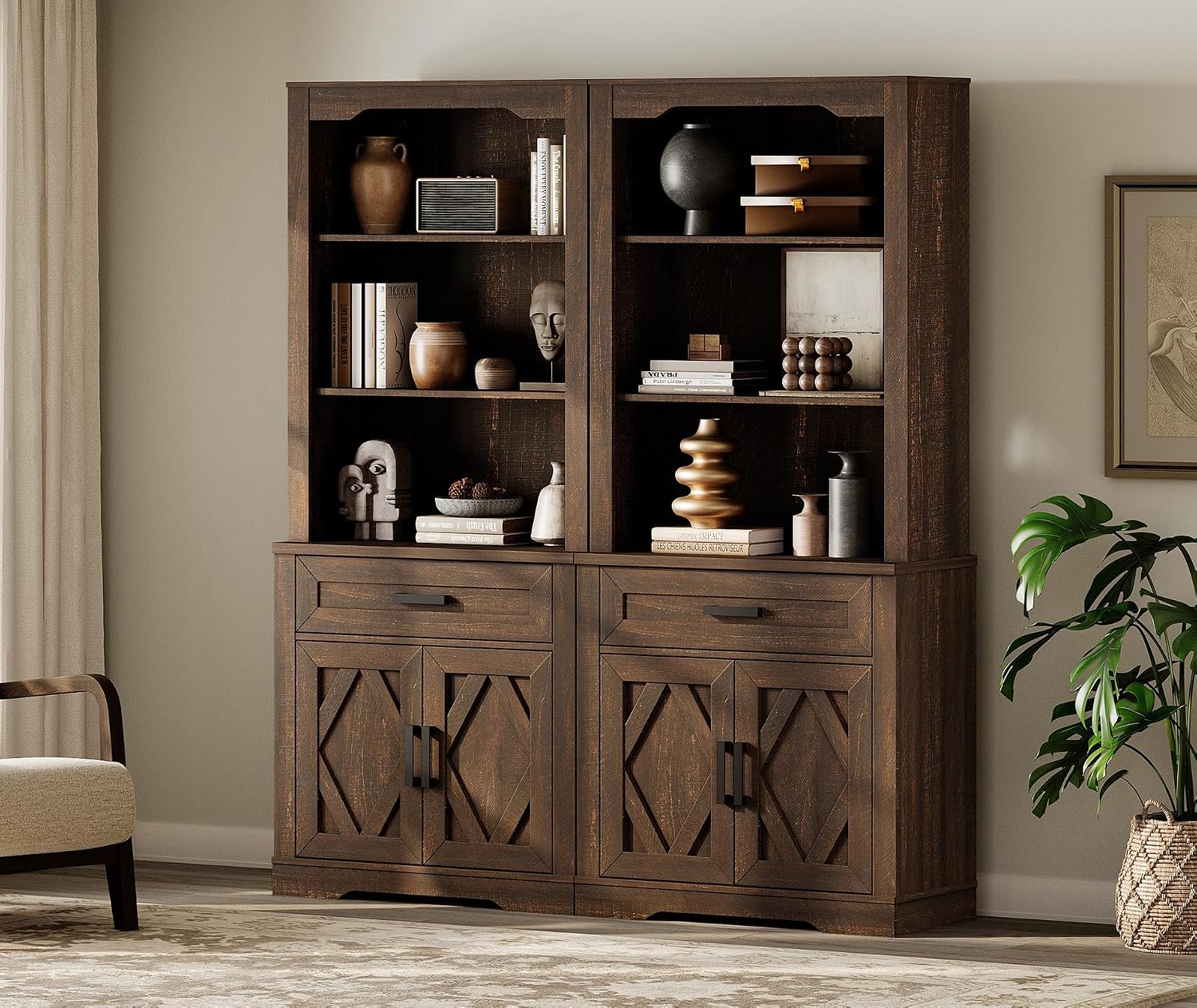 WAMPAT 5-Tier Bookcase with Barn Door Cabinets,73.3' Tall Standing Rustic Bookshelves,63' Wide Modern Farmhouse Display Storage Cabinet with Adjustable Shelves for Home,Office,Rustic Brown