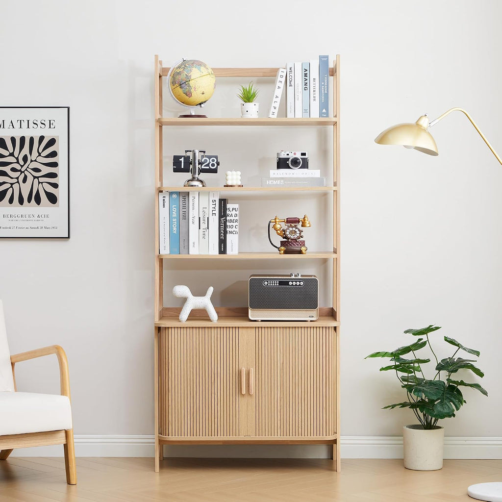 4-Tier Bookshelf, Tall Bookcase with Open Shelf and Sliding Door, 70' Freestanding Storage Organizer Display Cabinet for Living Room, Home Office (Natural)
