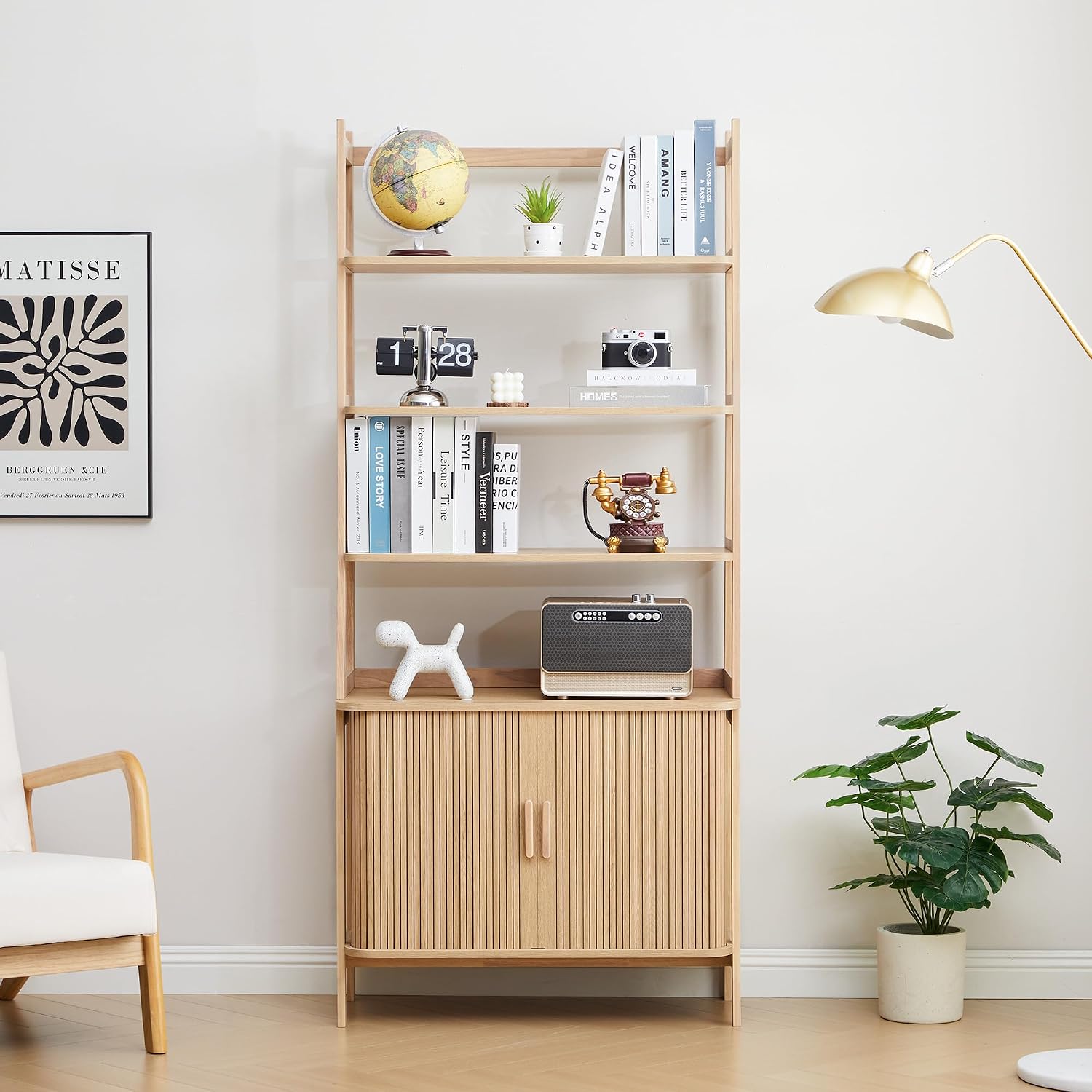 4-Tier Bookshelf, Tall Bookcase with Open Shelf and Sliding Door, 70' Freestanding Storage Organizer Display Cabinet for Living Room, Home Office (Natural)