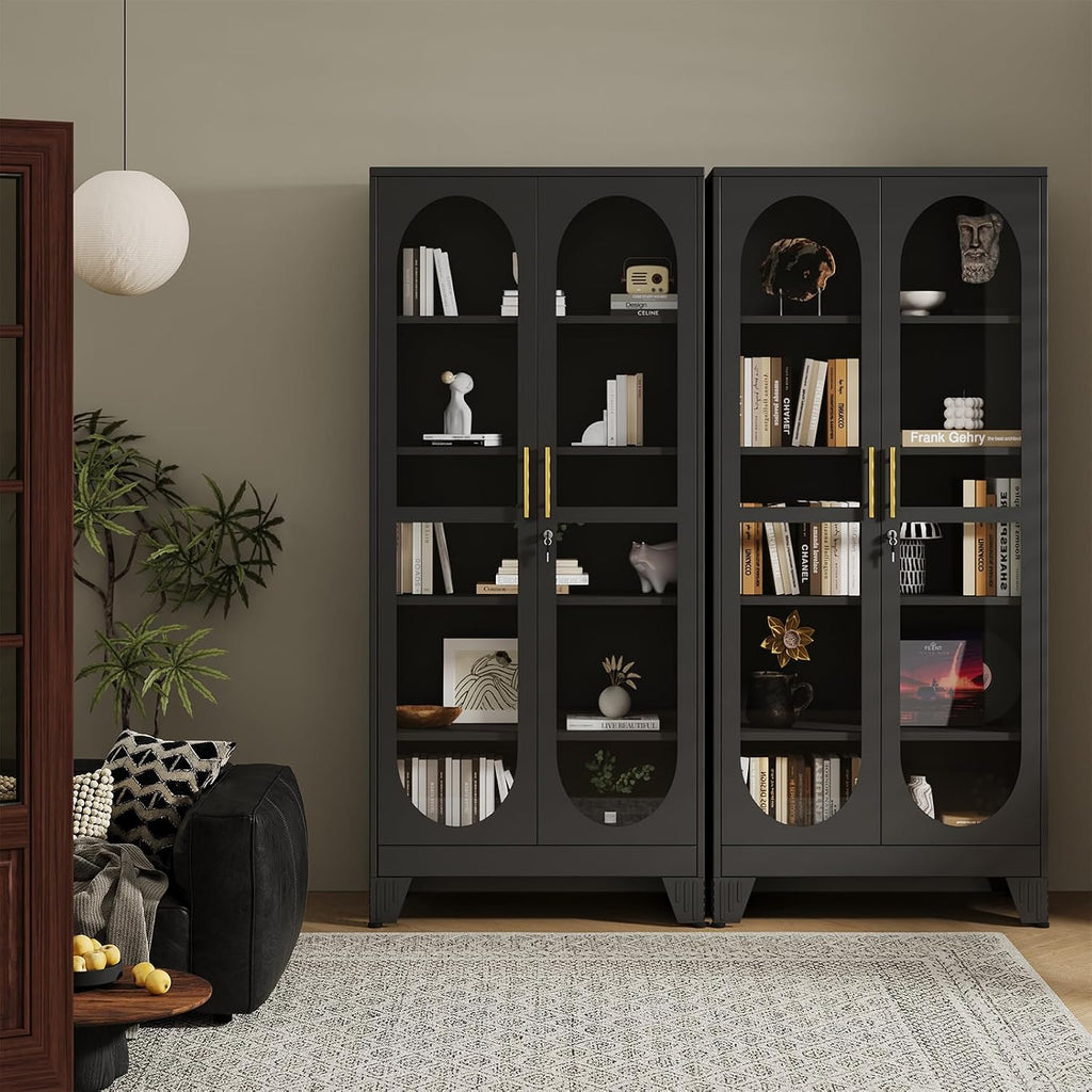 PAOFIN 71' H Locking Display Cabinet with Glass Door, Metal Curio Cabinets with 4 Adjustable Shelves, Tall Liquor Cabinet Display Case for Living Room, Collectibles, Home - Assembly Required Black