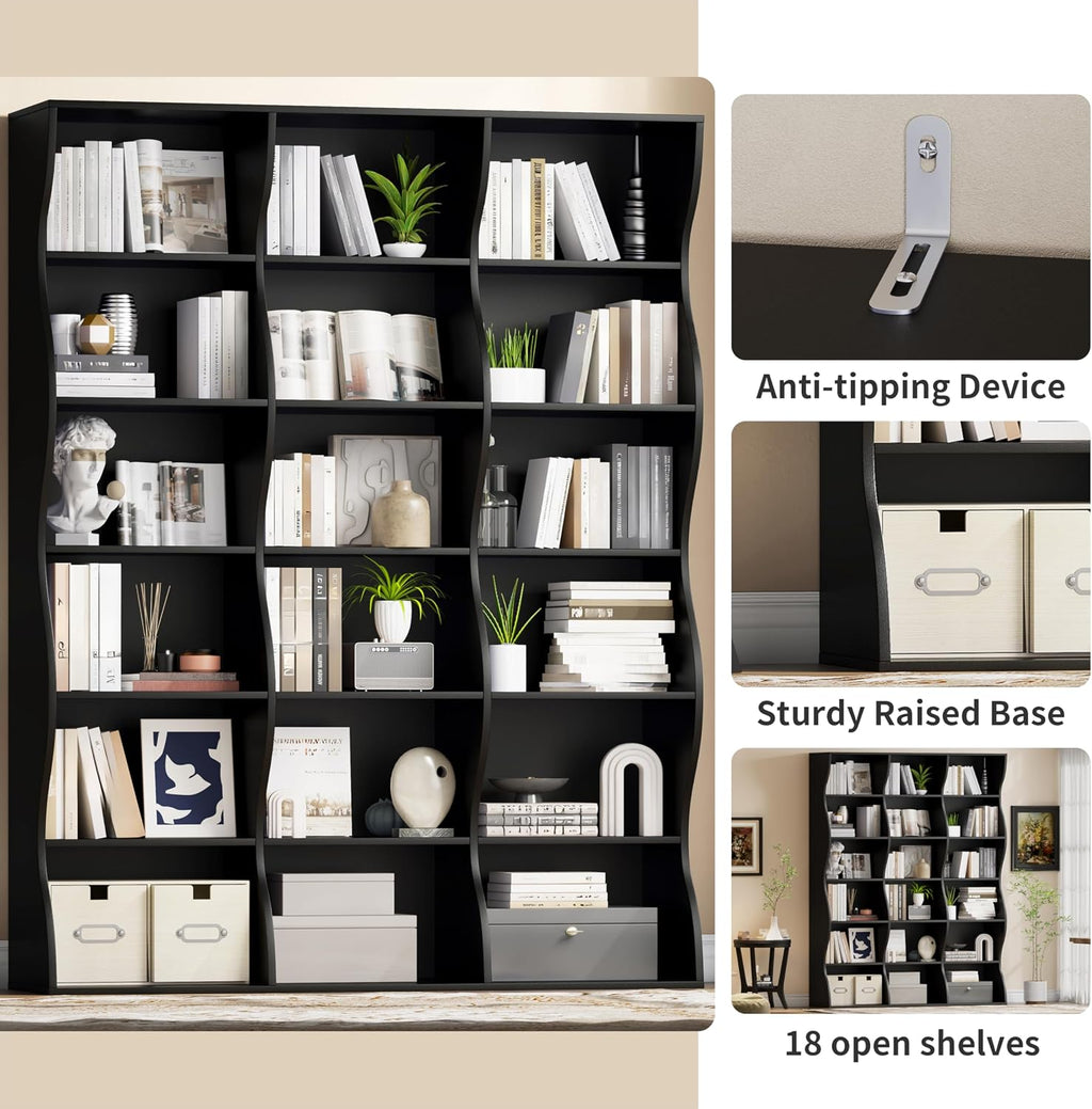 Gyfimoie 71' Triple Wide Bookshelf, 6 Tier Tall Bookcase with Storage, Large Book Shelves with 18 Open Display Shelves, Black Bookcase for Living Room, Study, Home Office, Library (Black)