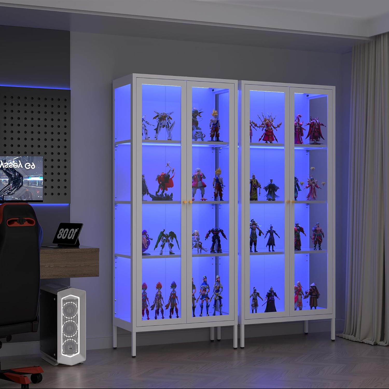 Polup Display Cabinet with 3 Color LED Lights and Tempered Glass, 66 Inch Tall Curio Cabinet with 3 Side Glass, White Display Case for Collectibles, Lighted Cabinets for Living Room- Assemble Required