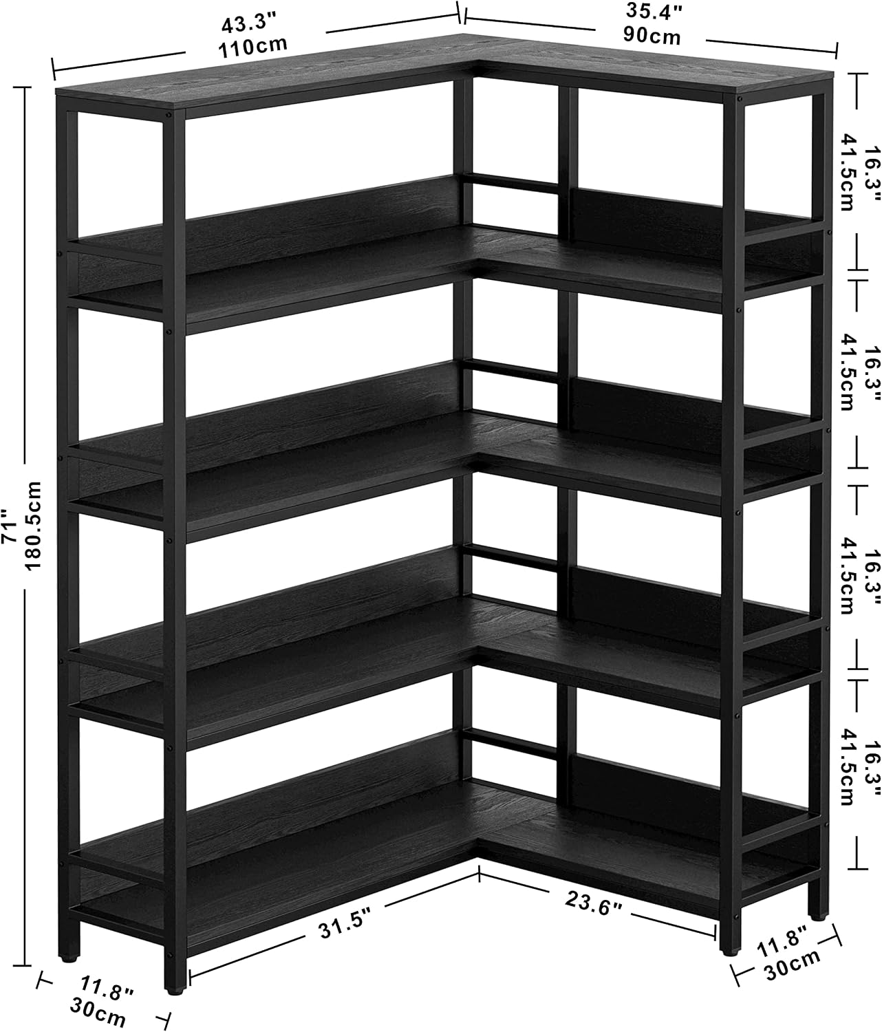 IRONCK Corner Bookshelf 5 Tiers, Industrial Corner Bookcase with Baffles Etagere, L Shaped Bookshelves with Metal Frame, Corner Shelf Storage Rack for Living Room Home Office