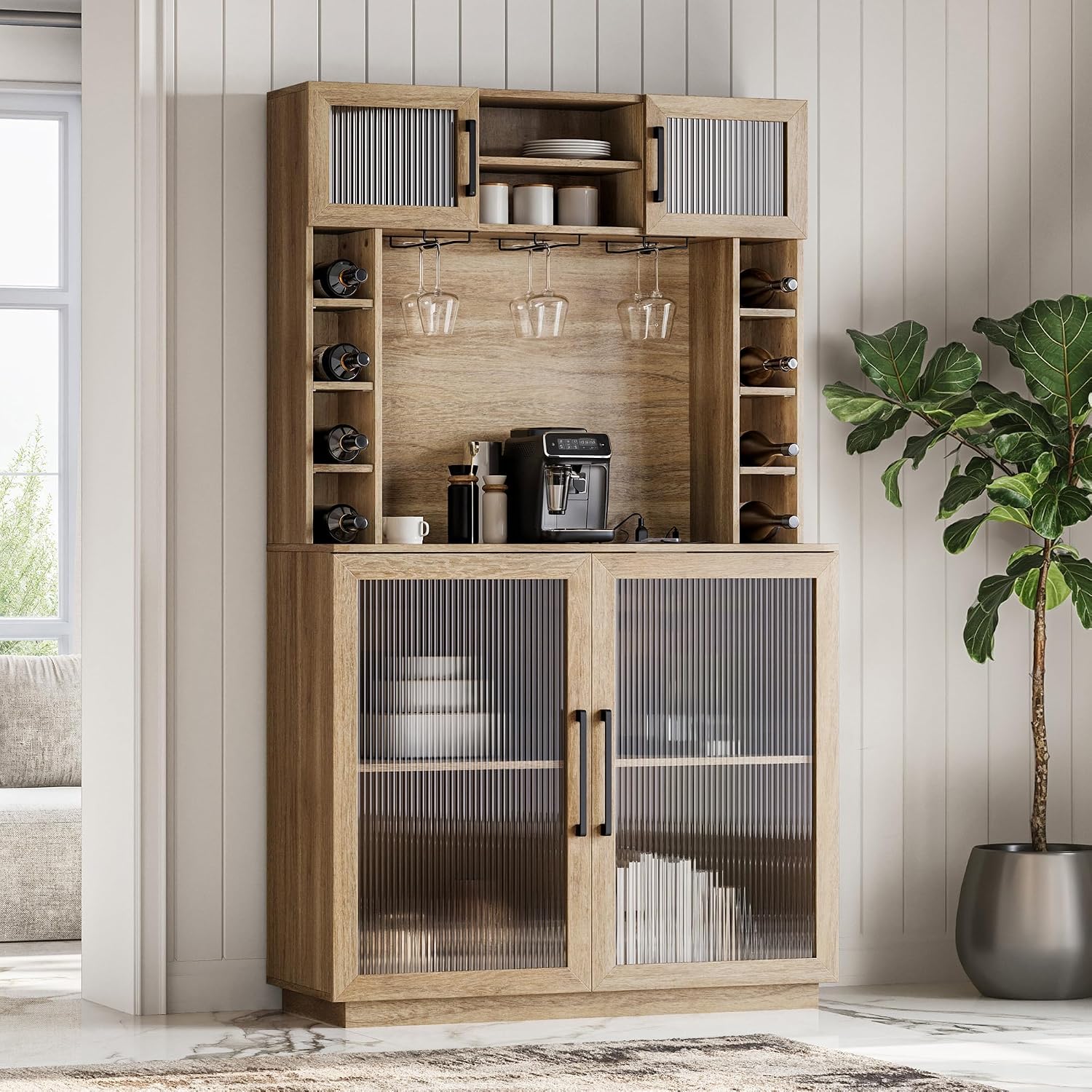 BELLEZE Coffee Wine Bar Cabinet with Power Outlet, 72' Rustic Liquor Cabinet, Fluted Buffet Cabinet with Storage Kitchen Pantry Cupboard Wine & Glasses Rack Server with Hutch for Dining Room - Camel