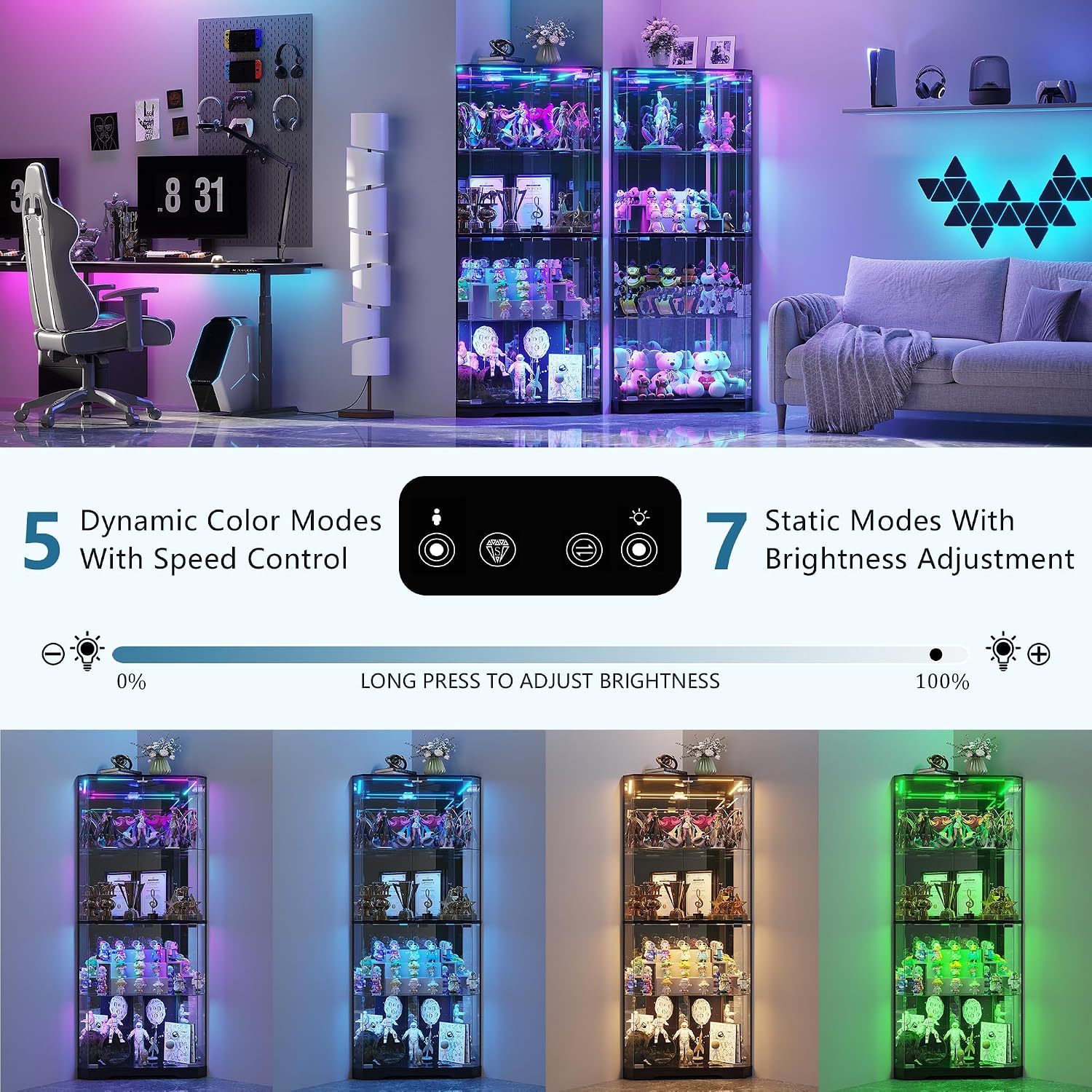 TAGELIER Corner Display Cabinet with Glass Doors, 64.7' Tall Curio Cabinet with RGB Lights for Collectibles, 4-Tier Showcase Display Case with Human Sensor for Toys, Books, Black