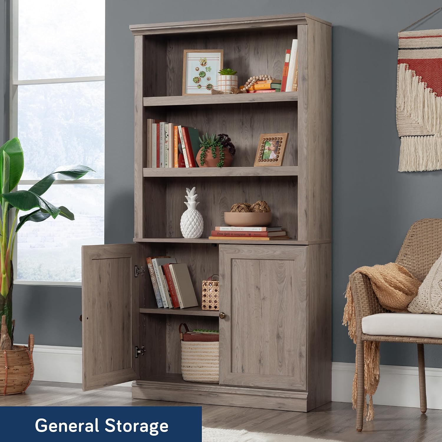 Sauder Miscellaneous Storage 5-Shelf/Book Shelf 2-Door Bookcase, Laurel Oak Finish