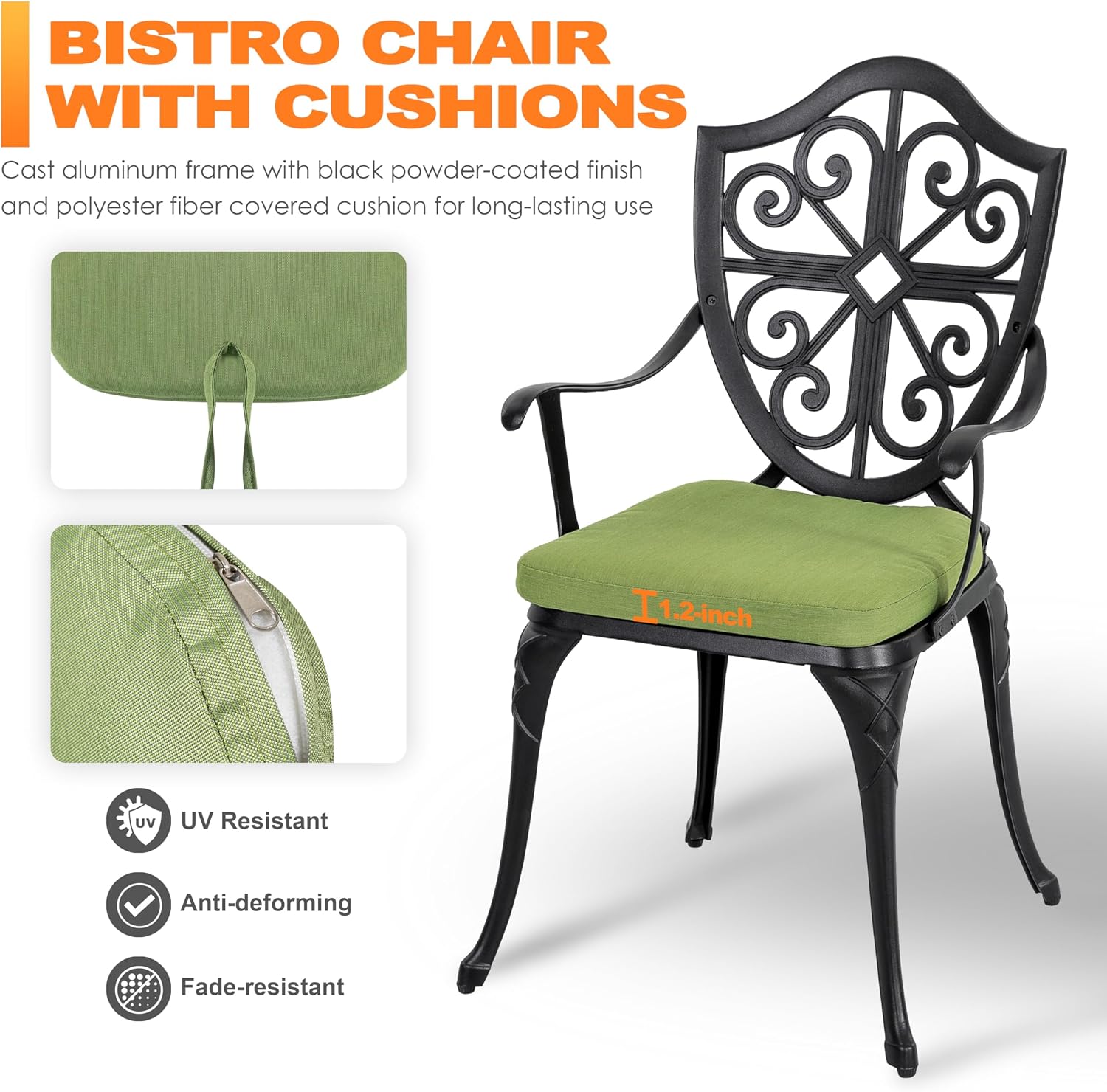 NUU GARDEN Outdoor 3 Piece Bistro Set with Cushions Round 24 Inch Cast Aluminum Table with 2.17 Inch Umbrella Hole and 2 Cast Aluminum Bistro Chairs for Patio Garden Backyard and Balcony Black