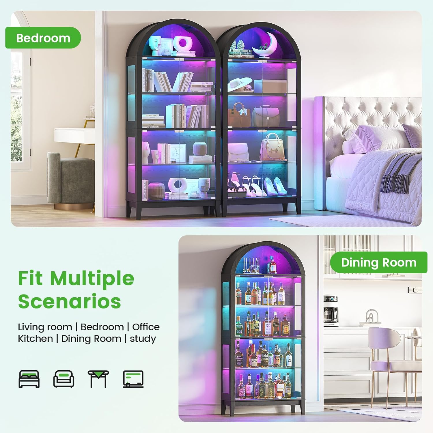 HNEBC Arched Book Shelf with Glass Doors, LED Bookcase with RGB Lights, 5 Tier Cabinet Has 9-Cube Storage, 69' Display Cabinet for Music-Synced Lighting Living Room,Bedroom(Black)
