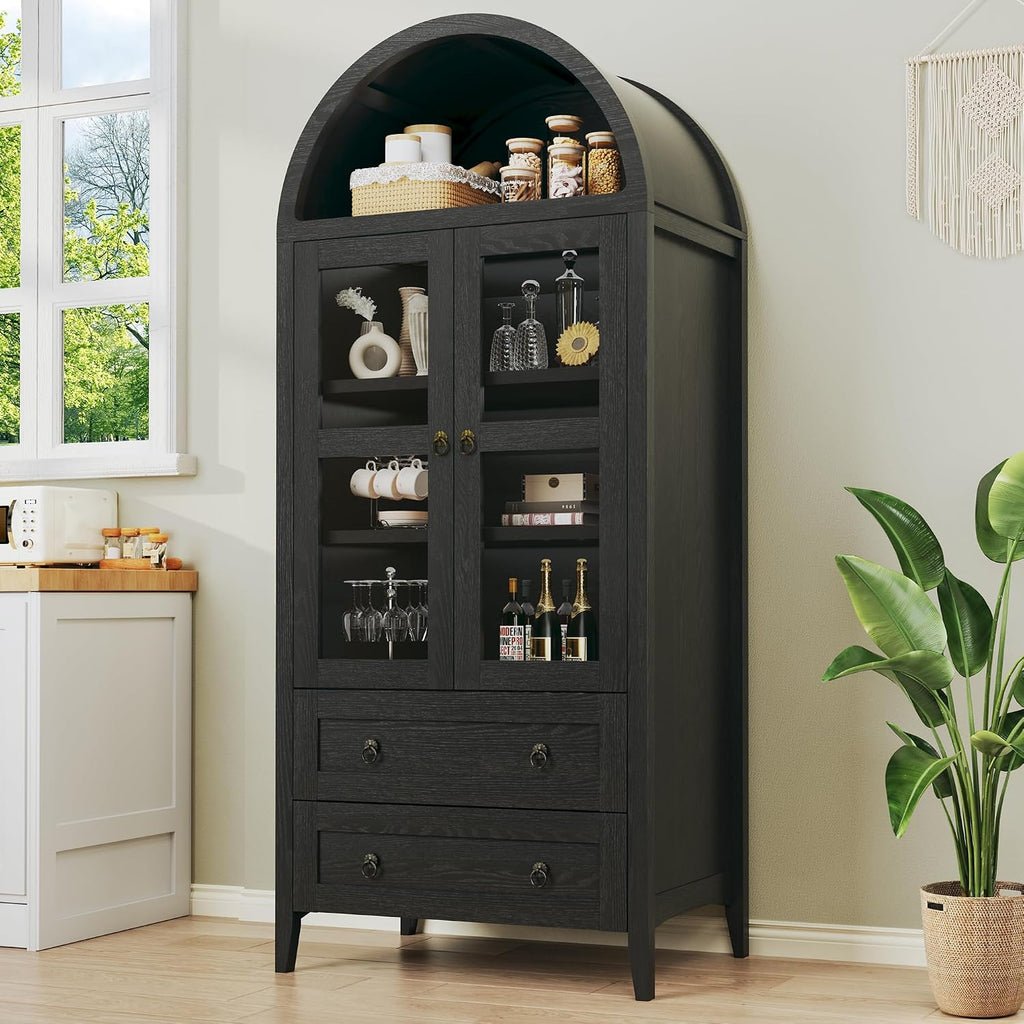 HUAHUU 71' Tall Arched Kitchen Pantry, Arched Cabinet, Kitchen Storage Cabinets with 2 Large Drawers & Adjustable Shelves & Glass Door for Living Room, Dining Room, Black