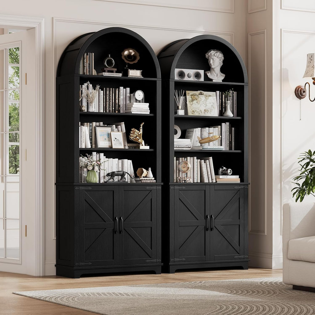 6-Tier Farmhouse Arched Bookcase with Doors, 70' Tall Wood Bookshelf with Storage,Open Shelves for Living Room or Office, Black, 1-Pack