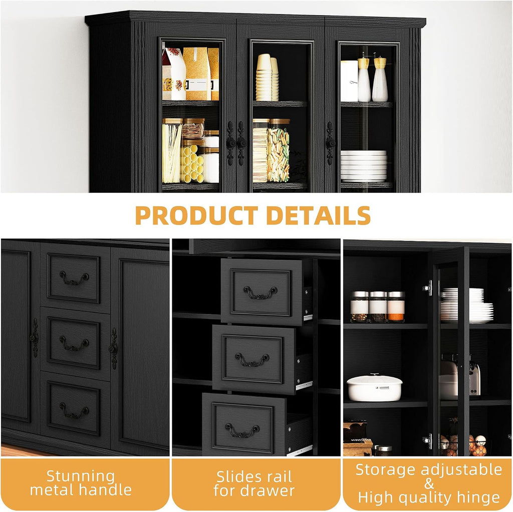 DWVO Large Storage Cabinet, 72' Tall Kitchen Pantry with Glass Doors, Freestanding Glass Display Cabinets with Adjustable Shelves & Drawers, Food China Hutch for Dining Room, Living Room, Black