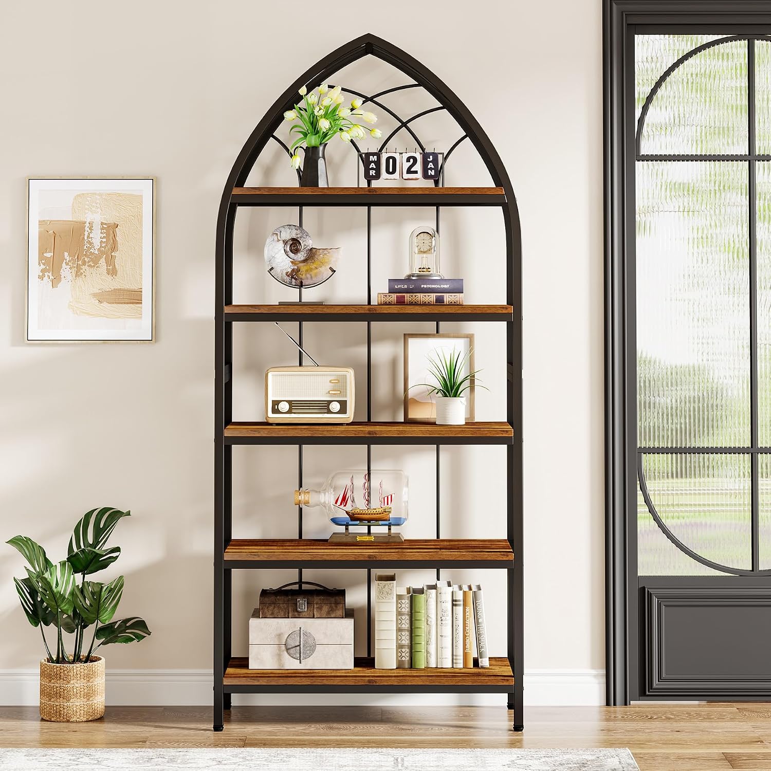 Tribesigns 5-Tier Bookshelf, 74.8-Inch Tall Bookshelf, Industrial Curved Freestanding Display Shelf, Wood Storage Shelves with Metal Frame for Home Office (1, Rustic Brown & Black)
