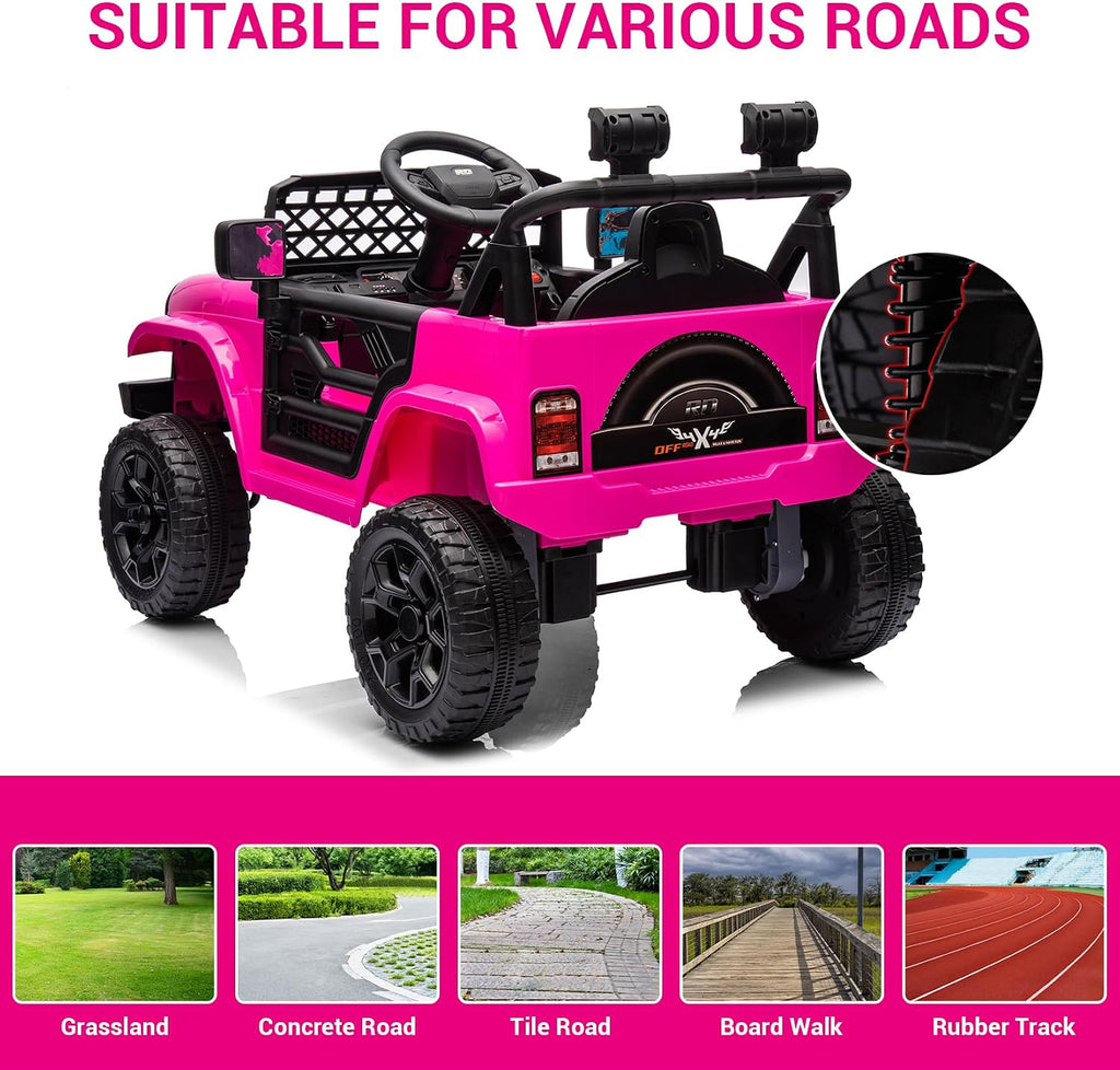 12V Ride On Car for Kids Electric Vehicle Toddlers Battery Powered Truck Car Toy with Remote Control, 4-Wheel Suspension, Battery Display, LED Lights, Music, for Boys Girls, Rose Red
