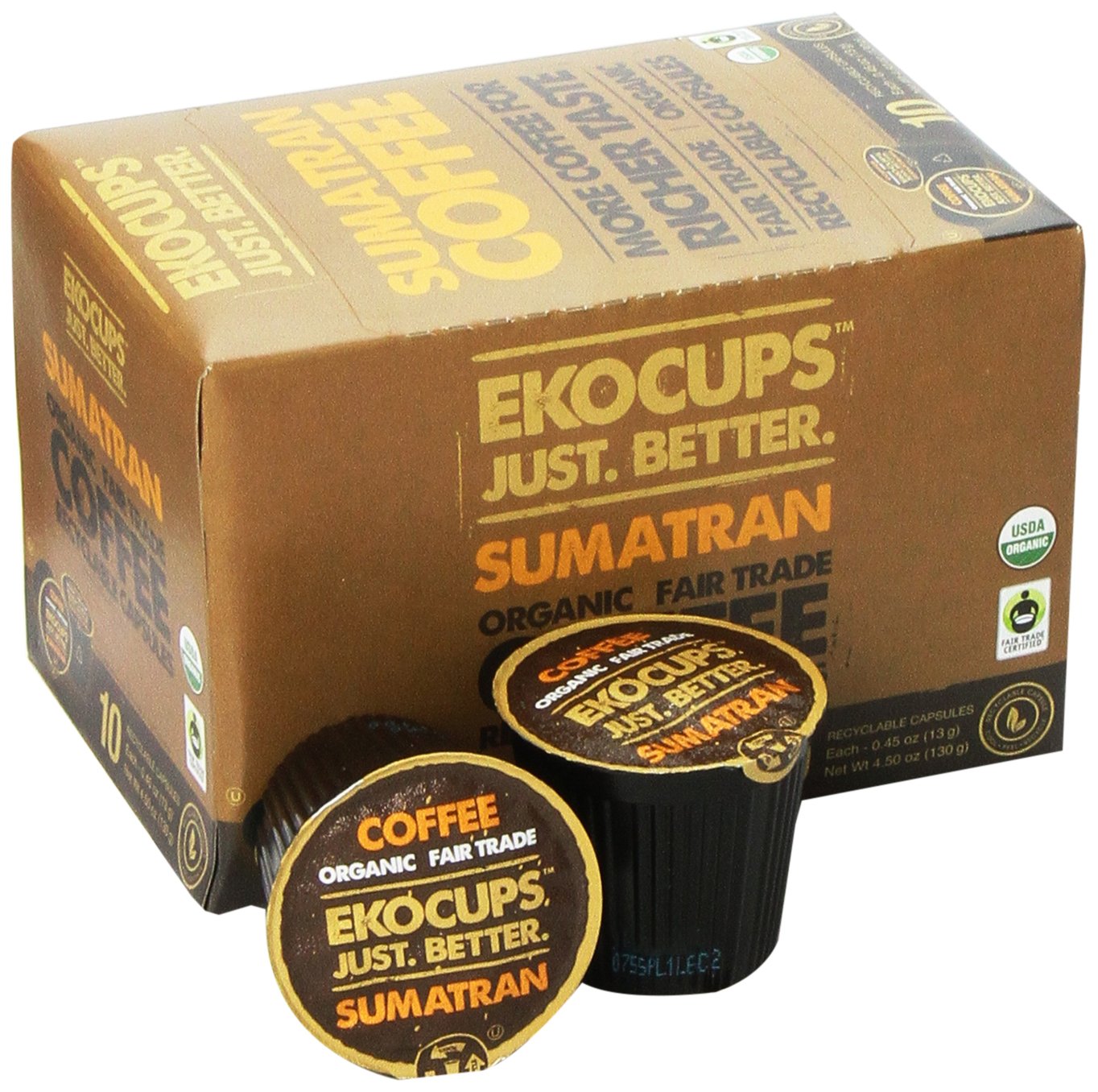 EKOCUPS Organic Sumatra Coffee Pods, Extra 30% More Coffee Per Cup, Fair Trade Dark Roast, Sumatran Reserve Blend for Keurig K Cup Machines, Recyclable Pods, 40 Count (Pack of 4)
