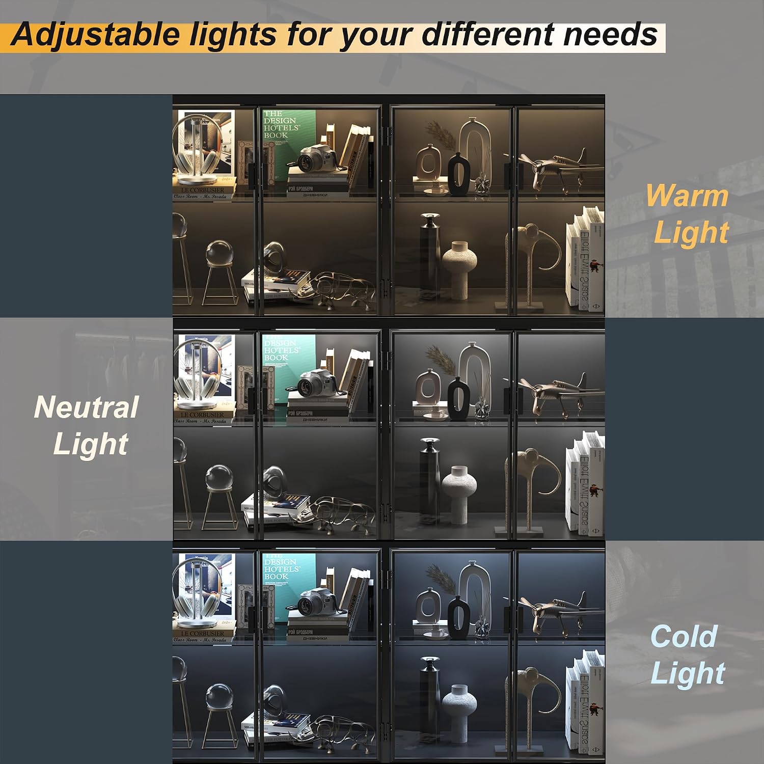 Homsee Storage Cabinet with 3-Color LED Lights, Glass Shelves & 4 Compartments, Sideboard Buffet with Solid Metal Legs, Modern Display Cabinet for Living Room Dining Room, Black | 3-Color LED Lights, Glass Shelves, 4 Compartments, Solid Metal Legs