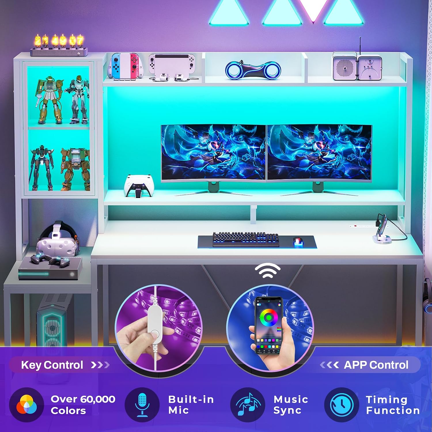 SEDETA White Gaming Desk, 60'' Gaming Desk with Hutch and LED Lights, Computer Desk with Storage Shelves, Large PC Gamer Desk with Display Cabinet, Monitor Stand, Power Outlet for Home Office