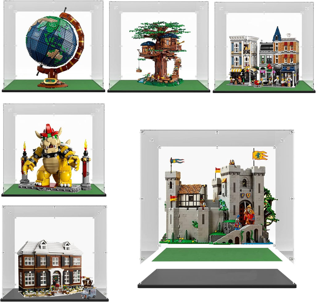Clear Acrylic Display Case Inner Size 20''W*16''D*18''H 3mm Thick, for 10305 Lion Knights' Castle, Assemble Dustproof Display Box Showcase with Solid Wooden Base & Removable Model Grass mat