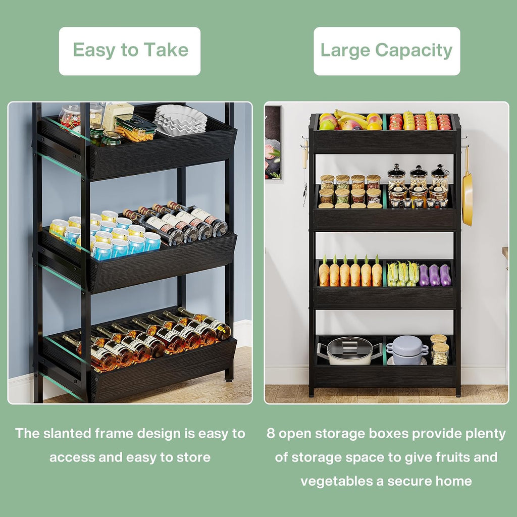 Tribesigns Wood Fruit and Vegetable Basket Stand Rack for Kitchen, Office, Store, Supremarket, Pantry Shelf Unit for Snacks, 4-Tier Wooden Utility Storage Shelves (Black)