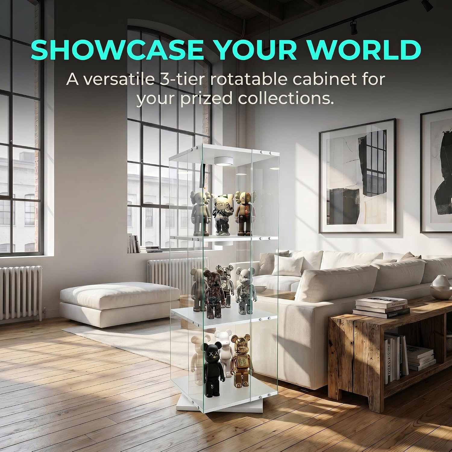 3-Tier Rotating Tempered Glass Display Cabinet, Floor Standing Curio Case with LED Touch Lights, Adjustable Feet for Living Room Corridor, Holds Collectibles Figurines Wine Trophy Jewelry,White